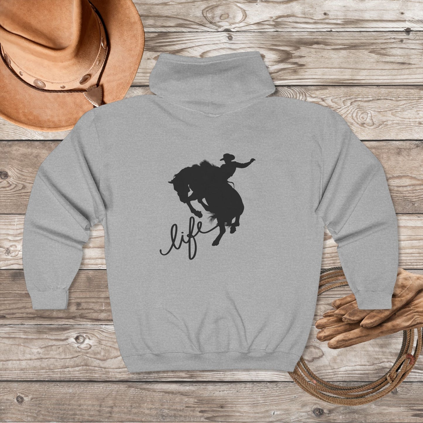 Rodeo Bronc Rider Full - Zip Hoodie – Cowboy Life Sweatshirt, Rough Stock Horse Trainer Jacket, Western Gift for Rodeo Lovers - FlooredByArt