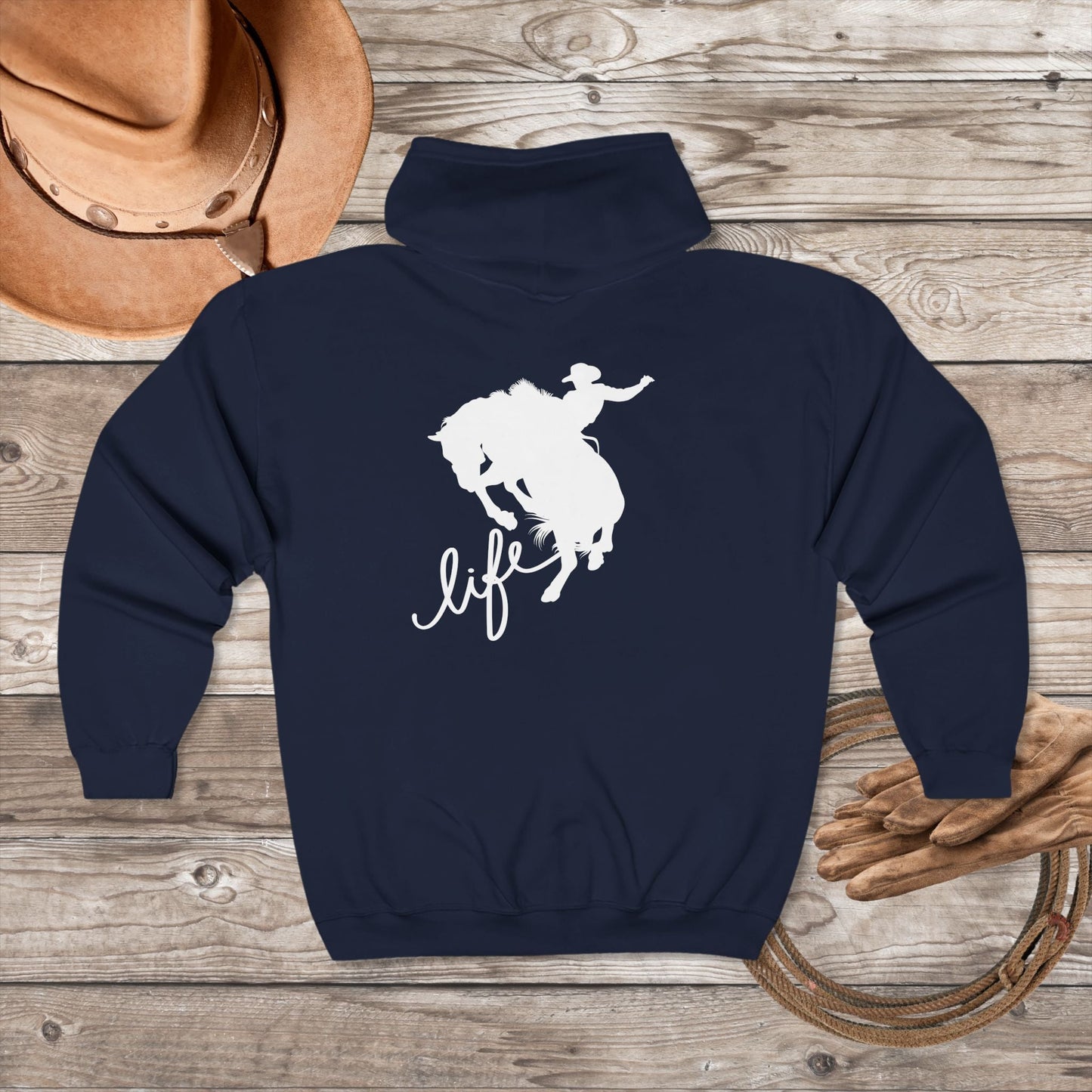 Rodeo Bronc Rider Full - Zip Hoodie – Cowboy Life Sweatshirt, Rough Stock Horse Trainer Jacket, Western Gift for Rodeo Lovers - FlooredByArt