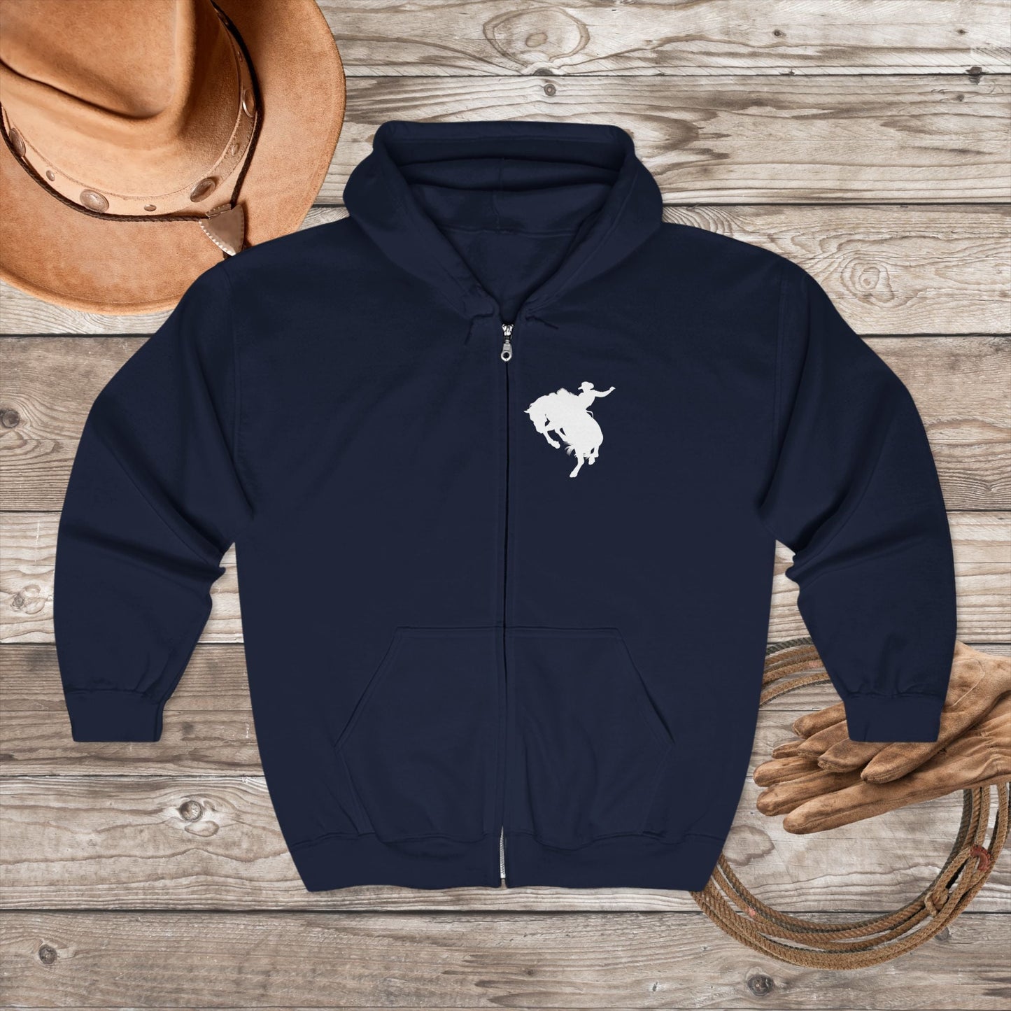 Rodeo Bronc Rider Full - Zip Hoodie – Cowboy Life Sweatshirt, Rough Stock Horse Trainer Jacket, Western Gift for Rodeo Lovers - FlooredByArt