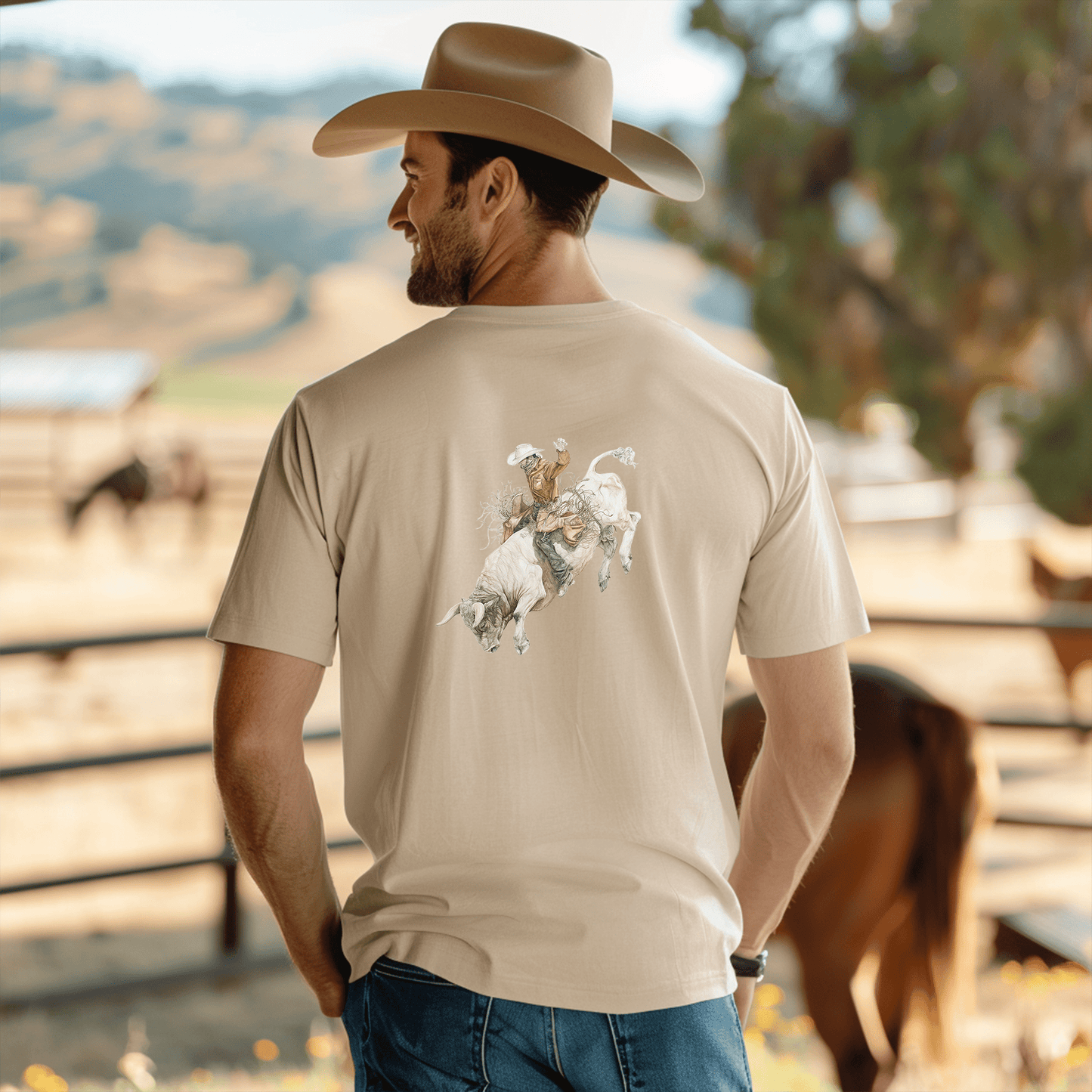 Rodeo Bull Rider T-Shirt – Western Cowboy Subtle Art Shirt in Ivory, Country Style - FlooredByArt