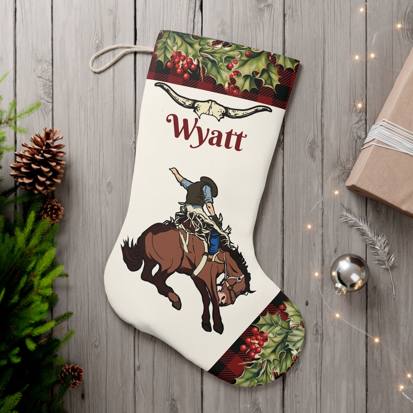 Rodeo Christmas Stocking, Large Cowboy Horse Holiday Stocking - FlooredByArt