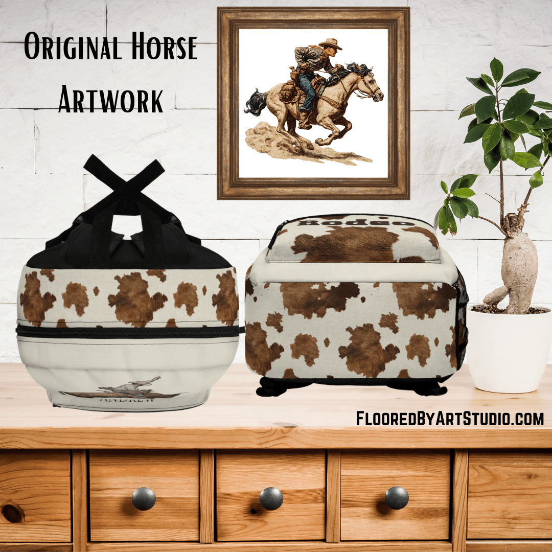 Rodeo Cowboy Backpack | Personalized School Bag, Western Rodeo Lovers, Cowhide - FlooredByArt