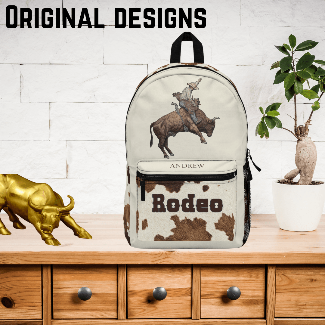 Rodeo Cowboy Backpack | Personalized School Bag, Western Rodeo Lovers, Cowhide - FlooredByArt