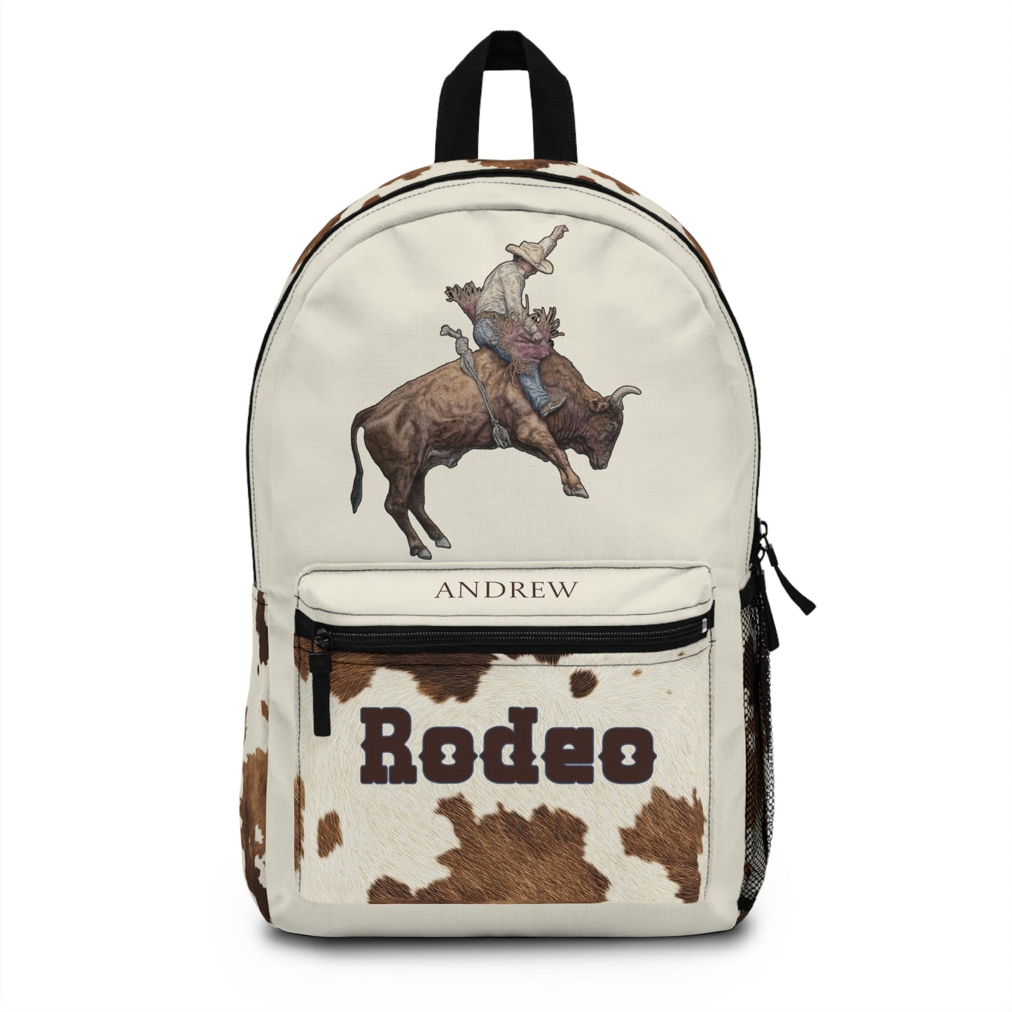 Rodeo Cowboy Backpack | Personalized School Bag, Western Style, Gifts for Rodeo Lovers, Unique Cow Print Design - FlooredByArt