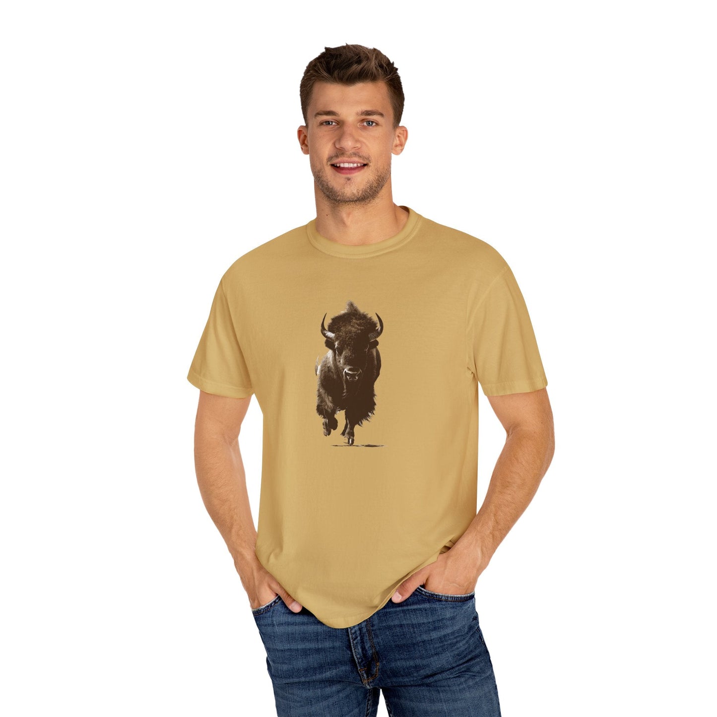 Running Buffalo T-Shirt โ Western Graphic Tee on Comfort Colors - FlooredByArt