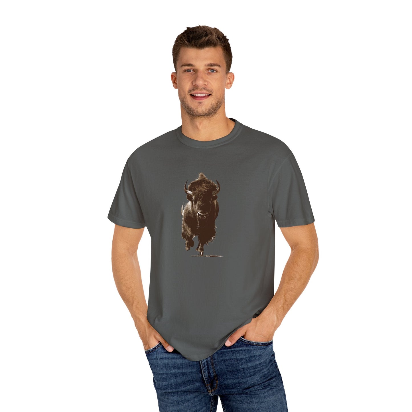 Running Buffalo T-Shirt โ Western Graphic Tee on Comfort Colors - FlooredByArt