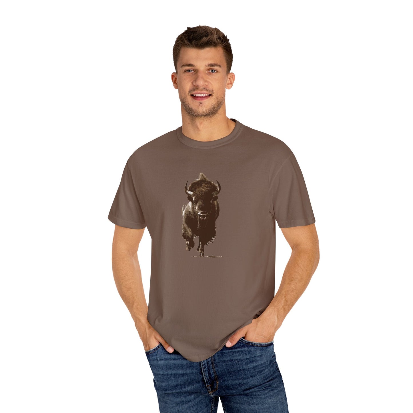 Running Buffalo T-Shirt โ Western Graphic Tee on Comfort Colors - FlooredByArt