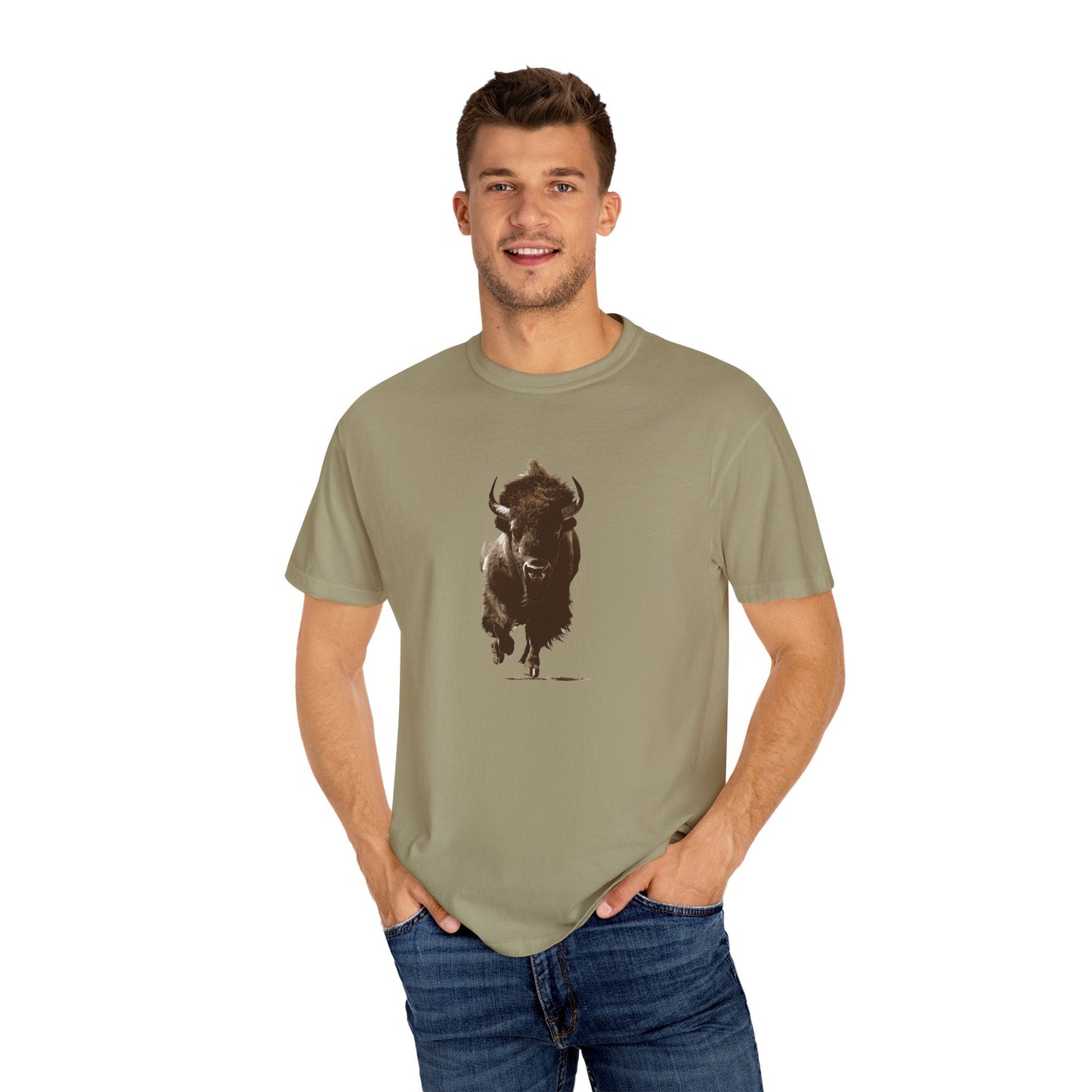 Running Buffalo T-Shirt โ Western Graphic Tee on Comfort Colors - FlooredByArt