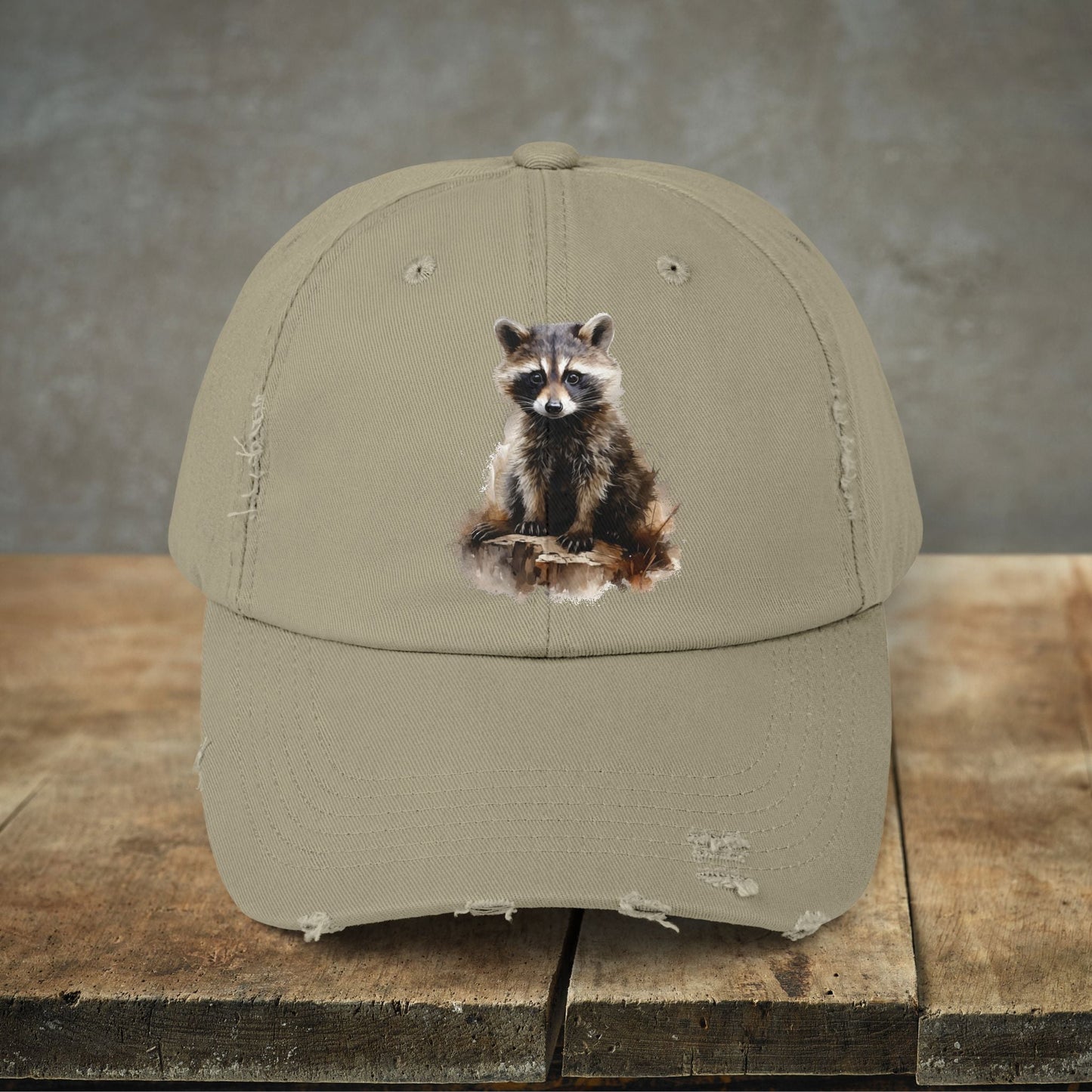 Rustic Raccoon Distressed Cap - Unisex Adjustable Hiking Hat - FlooredByArt