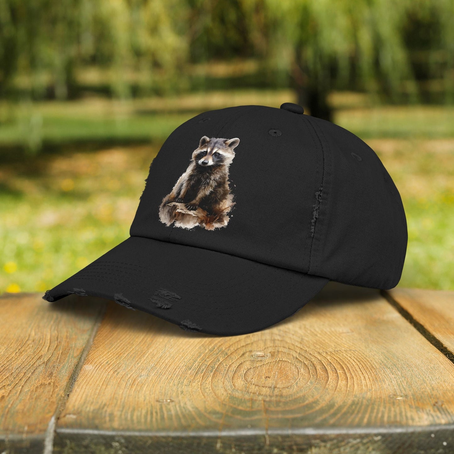 Rustic Raccoon Distressed Cap - Unisex Adjustable Hiking Hat - FlooredByArt