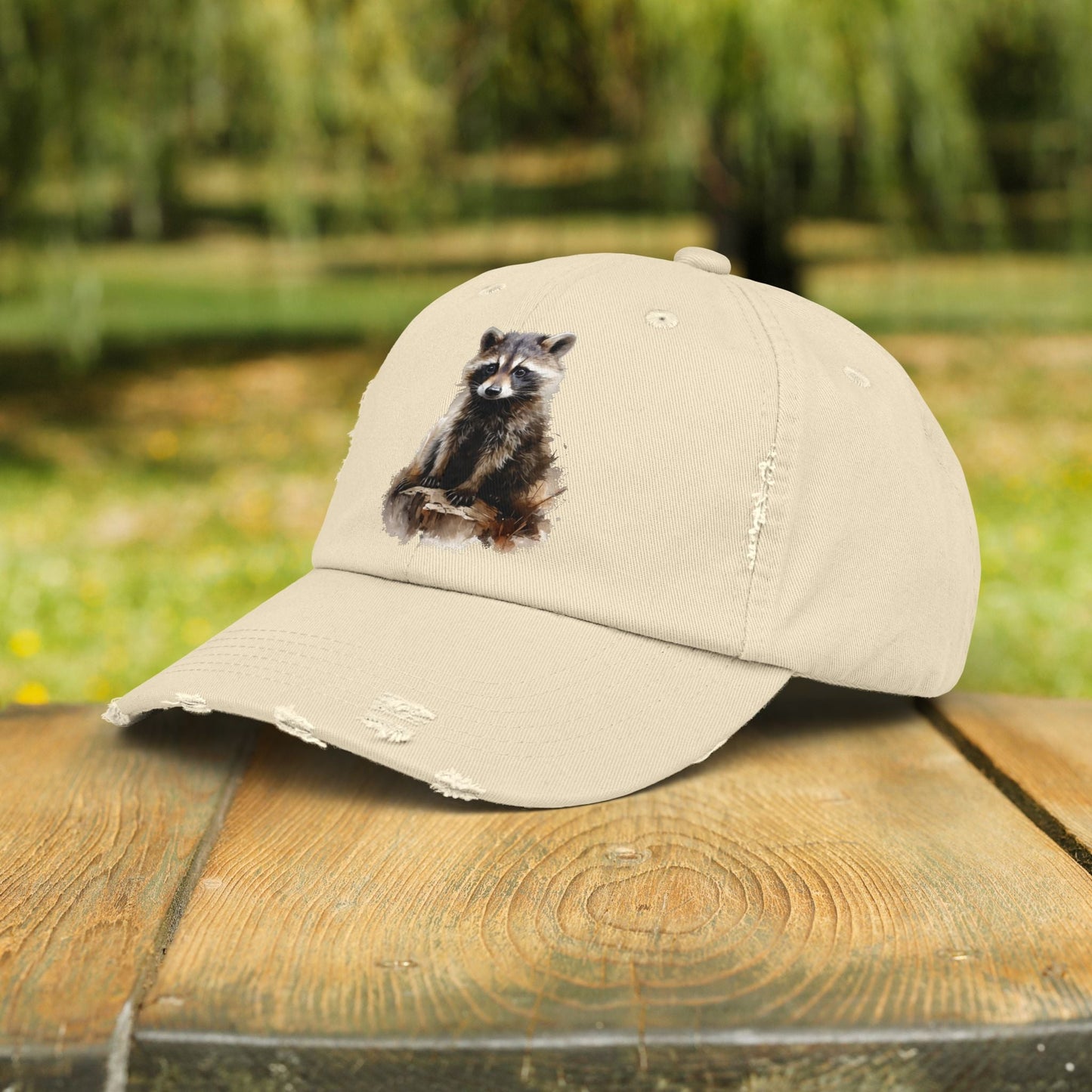 Rustic Raccoon Distressed Cap - Unisex Adjustable Hiking Hat - FlooredByArt