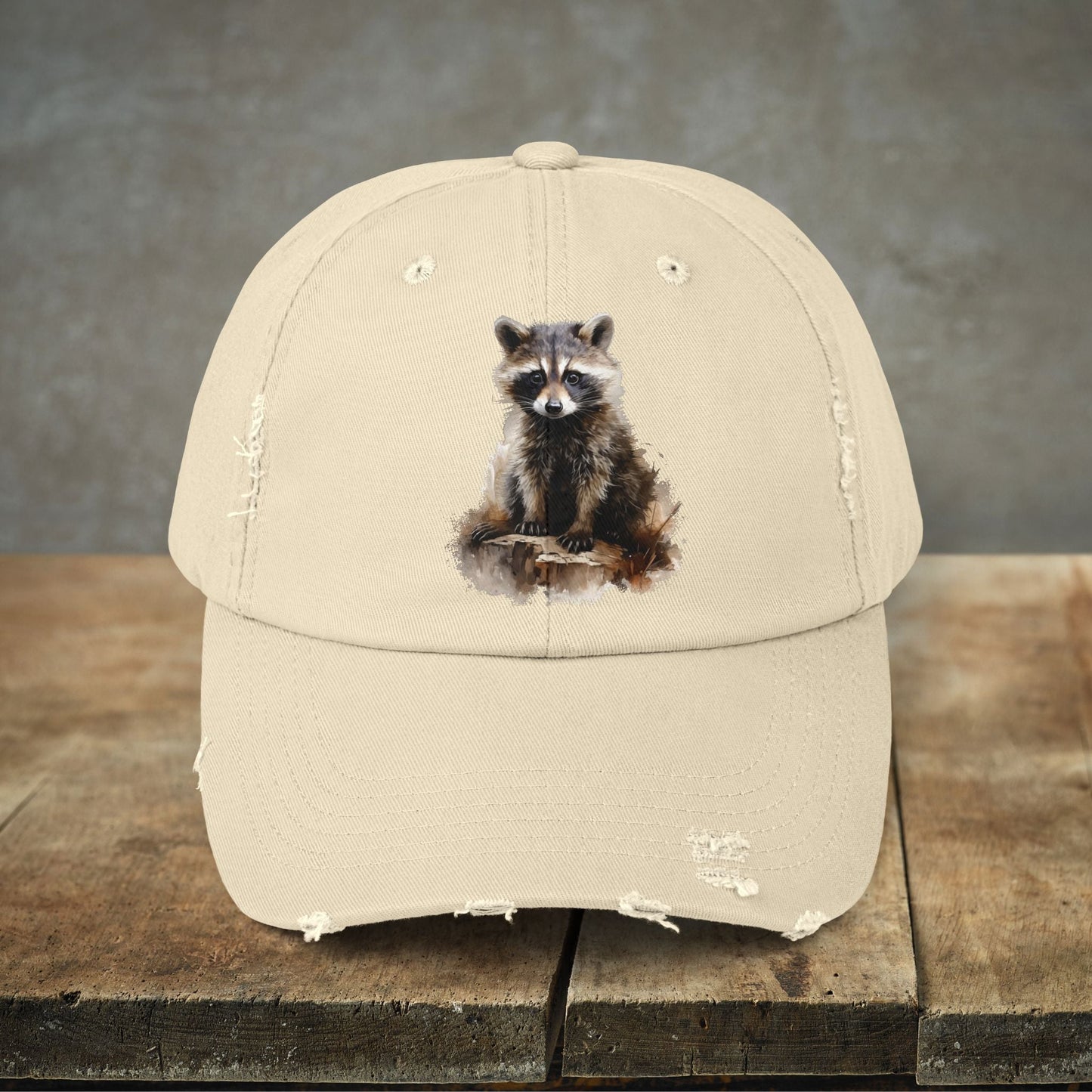 Rustic Raccoon Distressed Cap - Unisex Adjustable Hiking Hat - FlooredByArt