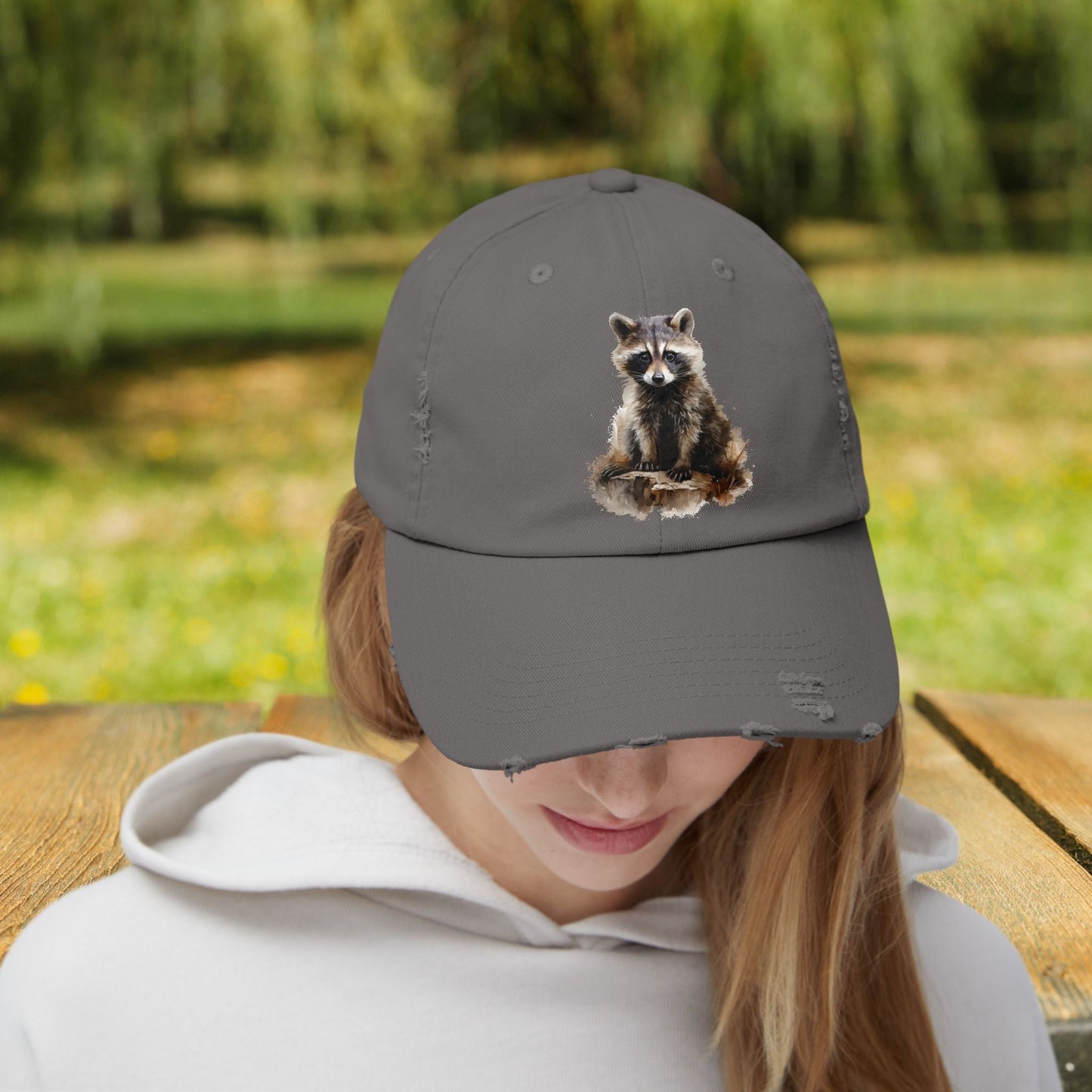 Rustic Raccoon Distressed Cap - Unisex Adjustable Hiking Hat - FlooredByArt