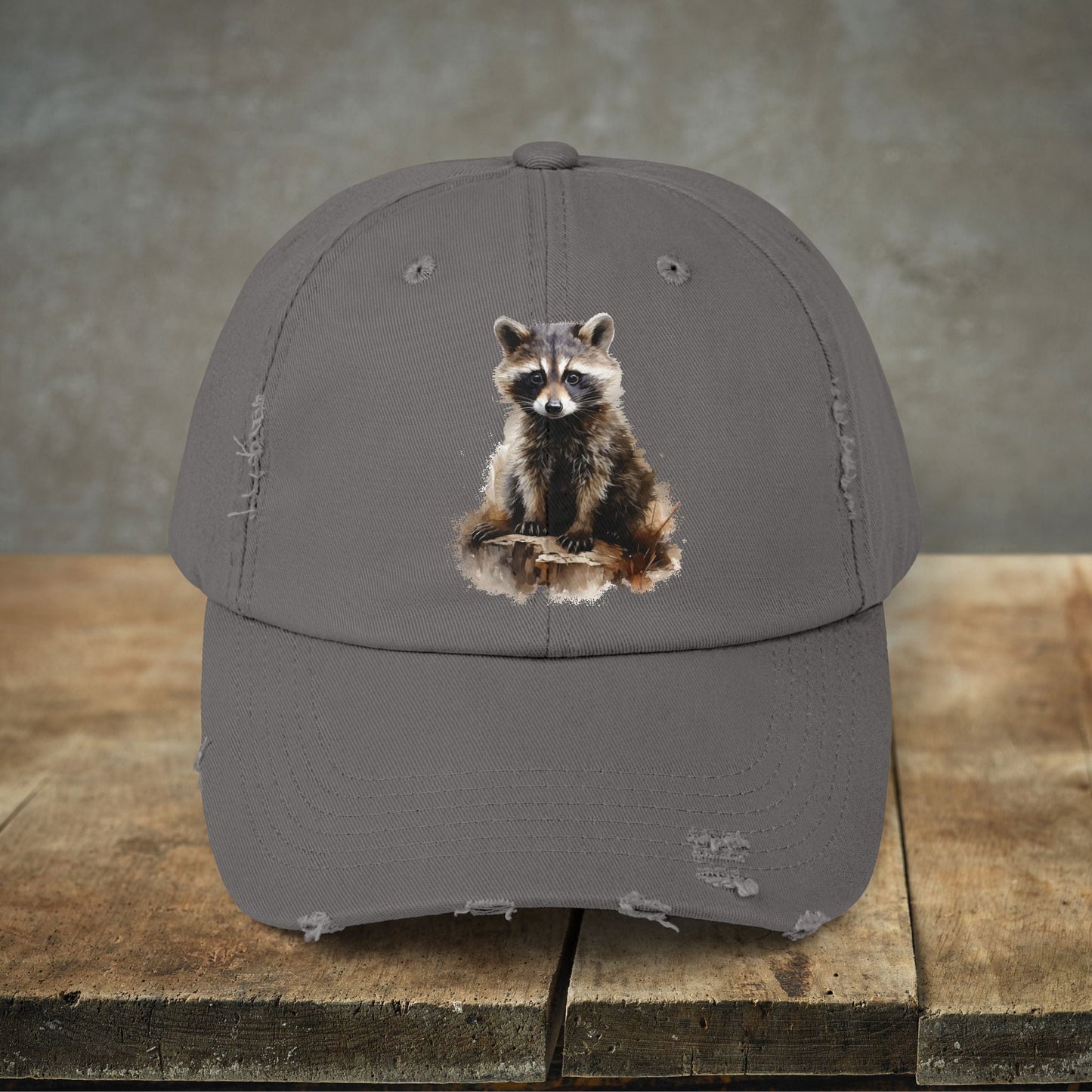 Rustic Raccoon Distressed Cap - Unisex Adjustable Hiking Hat - FlooredByArt