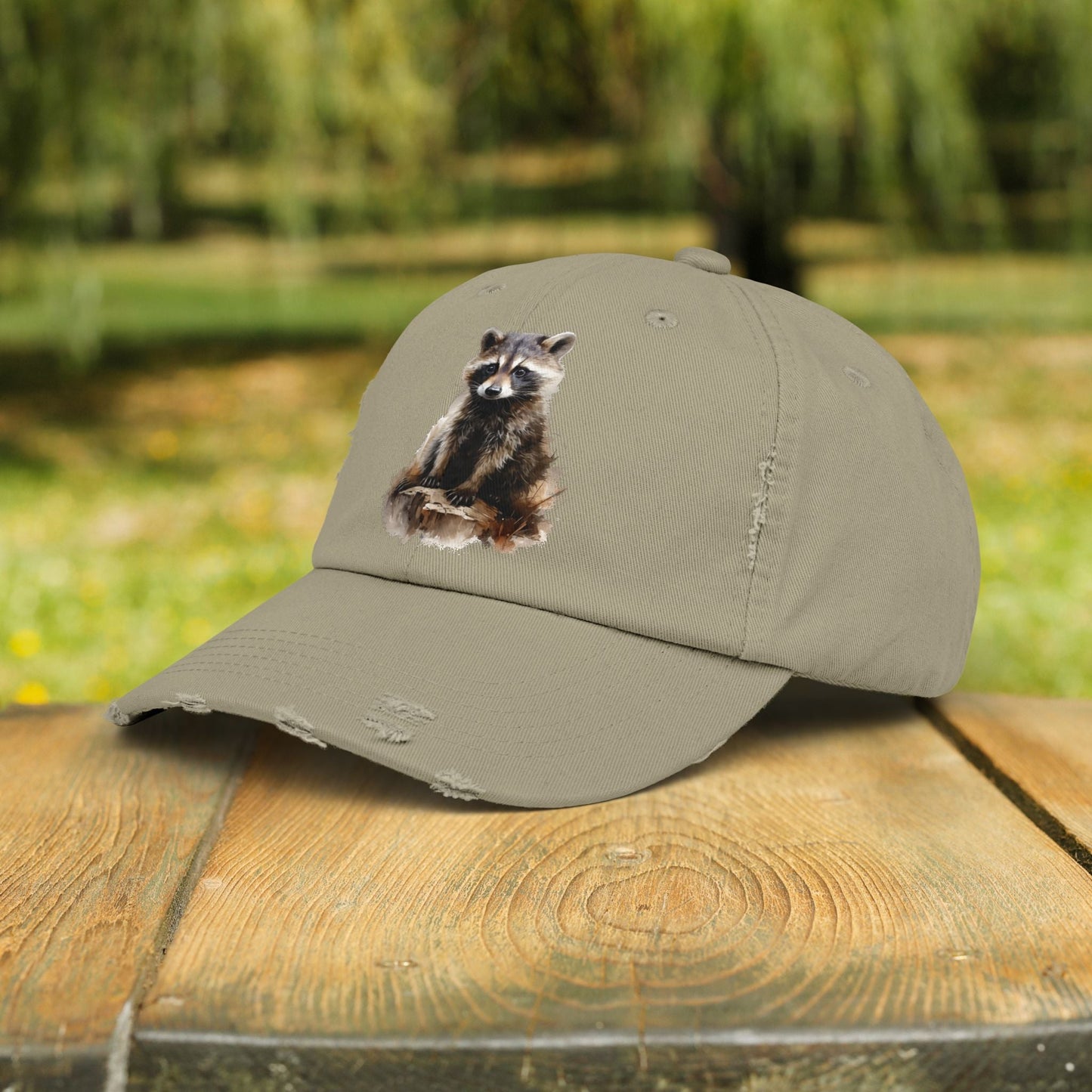 Rustic Raccoon Distressed Cap - Unisex Adjustable Hiking Hat - FlooredByArt