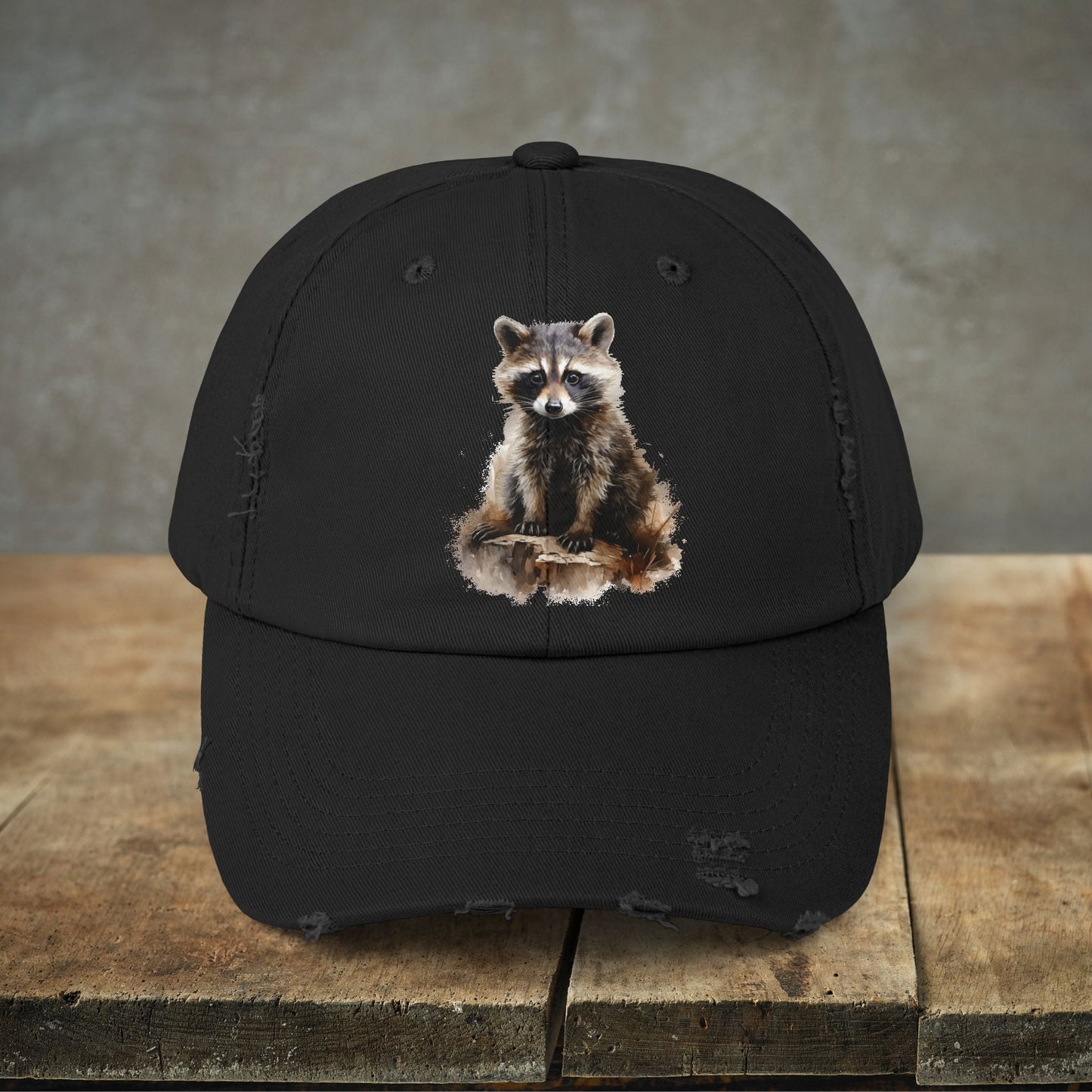 Rustic Raccoon Distressed Cap - Unisex Adjustable Hiking Hat - FlooredByArt