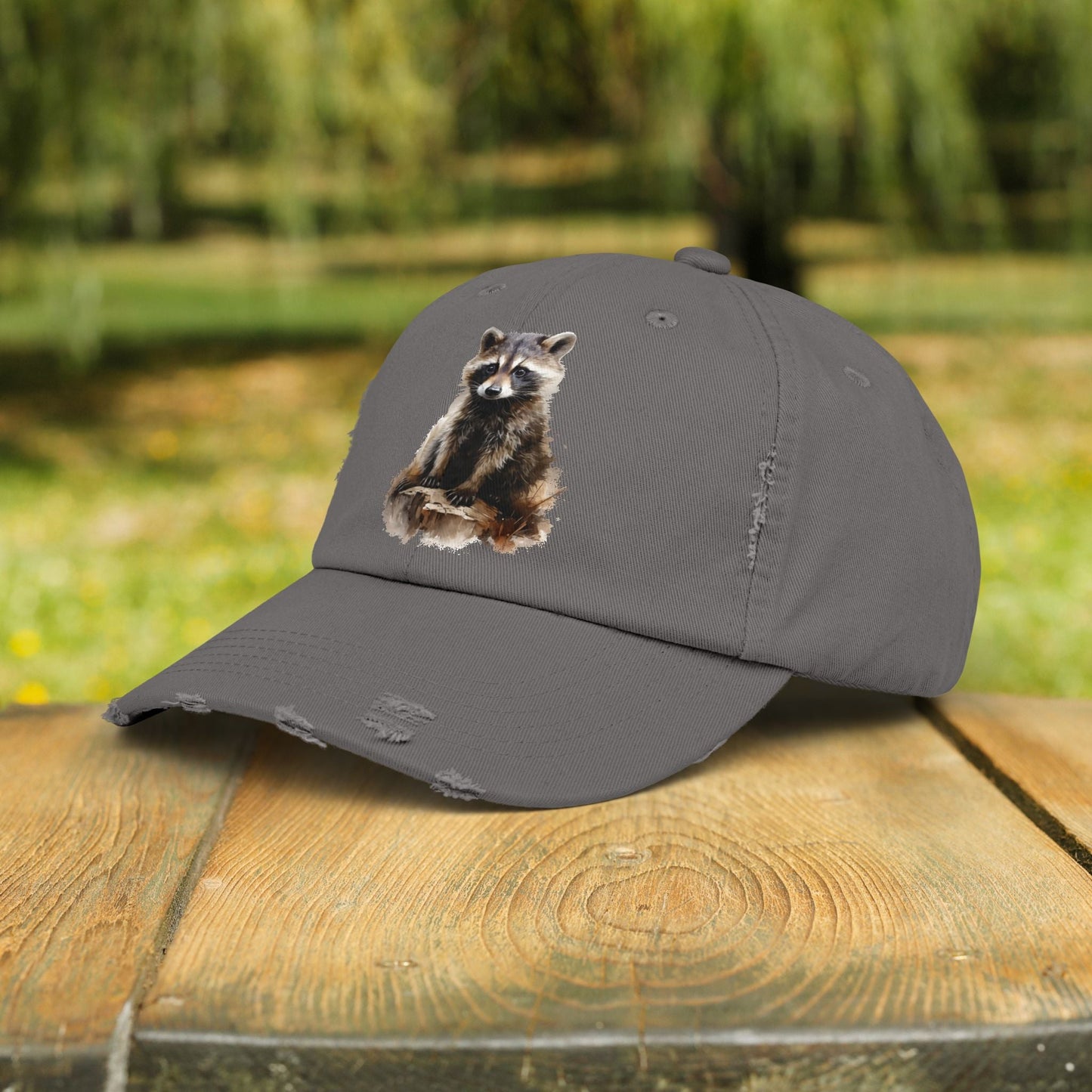 Rustic Raccoon Distressed Cap - Unisex Adjustable Hiking Hat - FlooredByArt