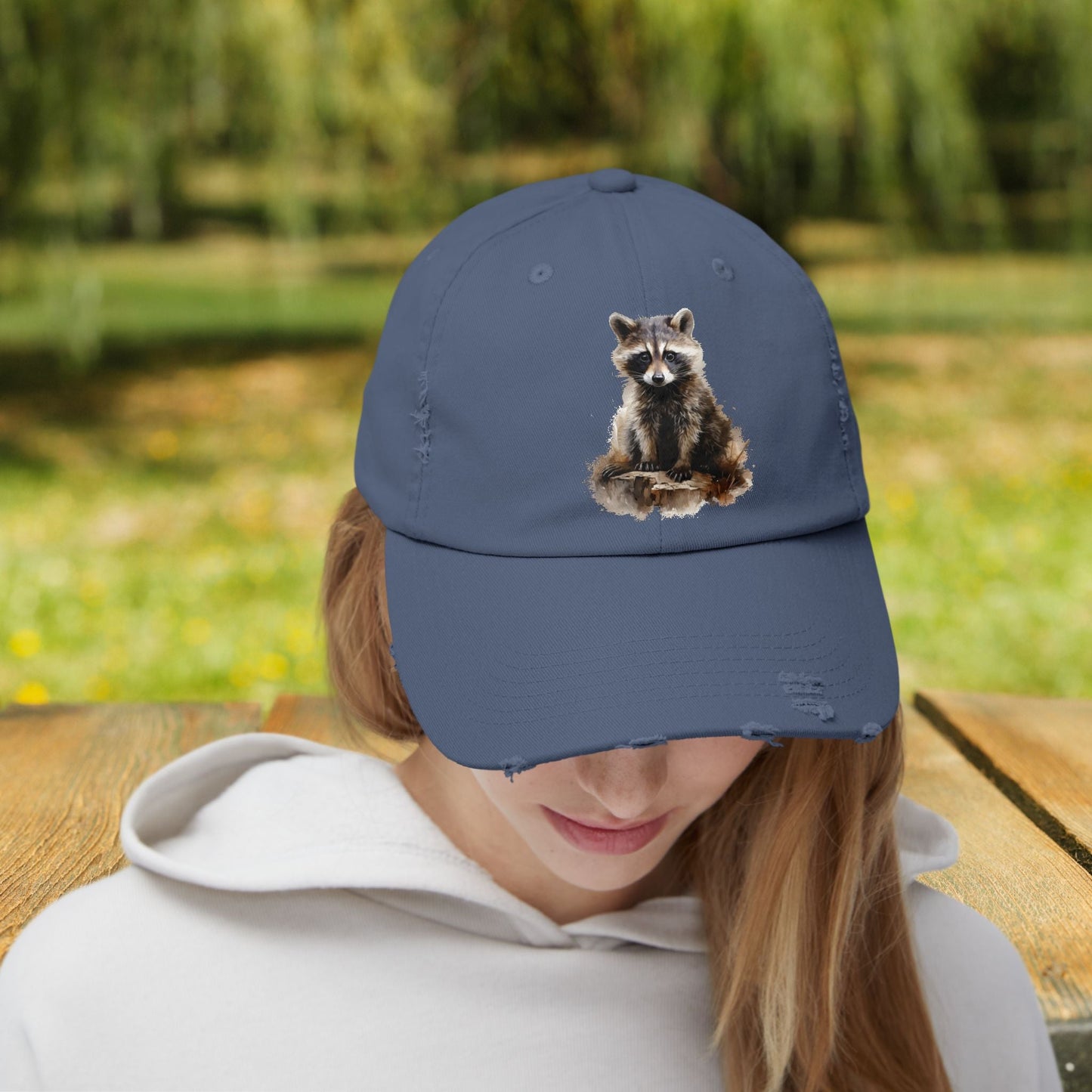 Rustic Raccoon Distressed Cap - Unisex Adjustable Hiking Hat - FlooredByArt