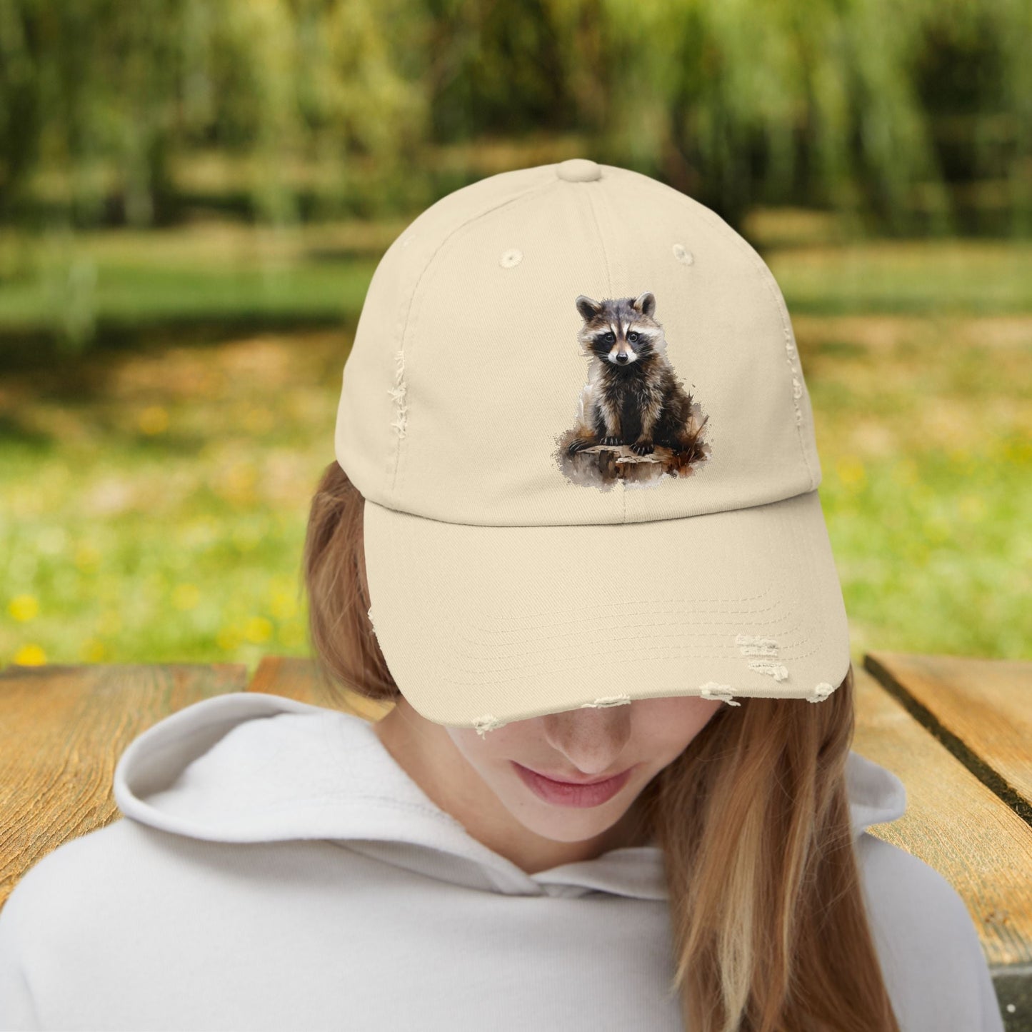 Rustic Raccoon Distressed Cap - Unisex Adjustable Hiking Hat - FlooredByArt