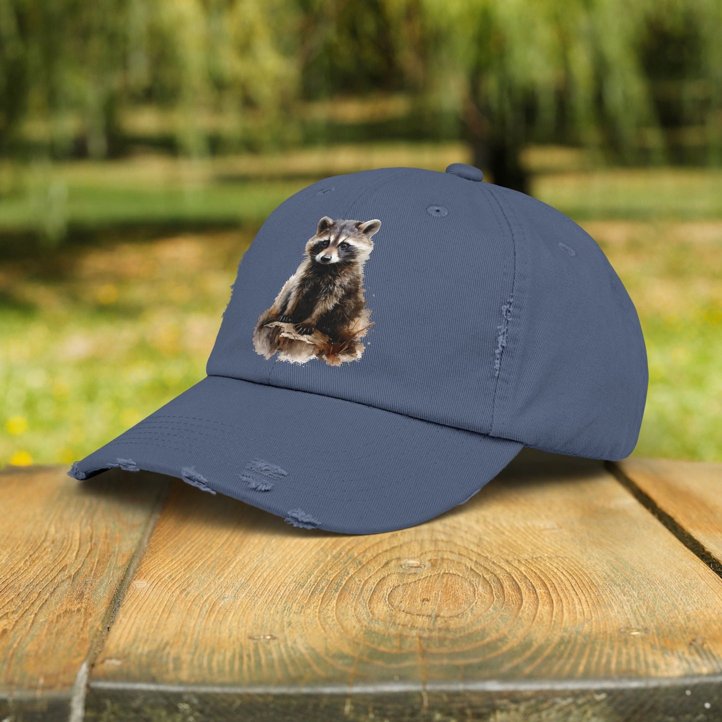 Rustic Raccoon Distressed Cap - Unisex Adjustable Hiking Hat - FlooredByArt