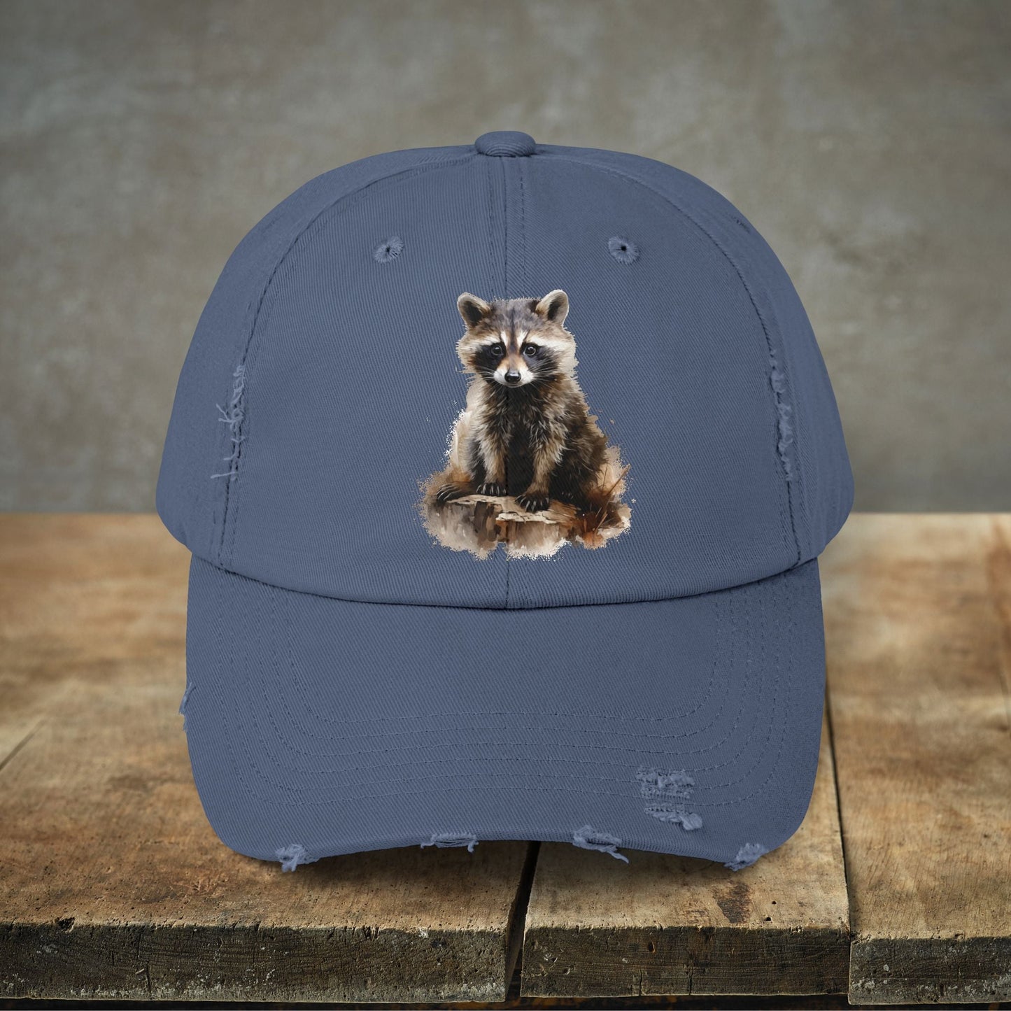 Rustic Raccoon Distressed Cap - Unisex Adjustable Hiking Hat - FlooredByArt