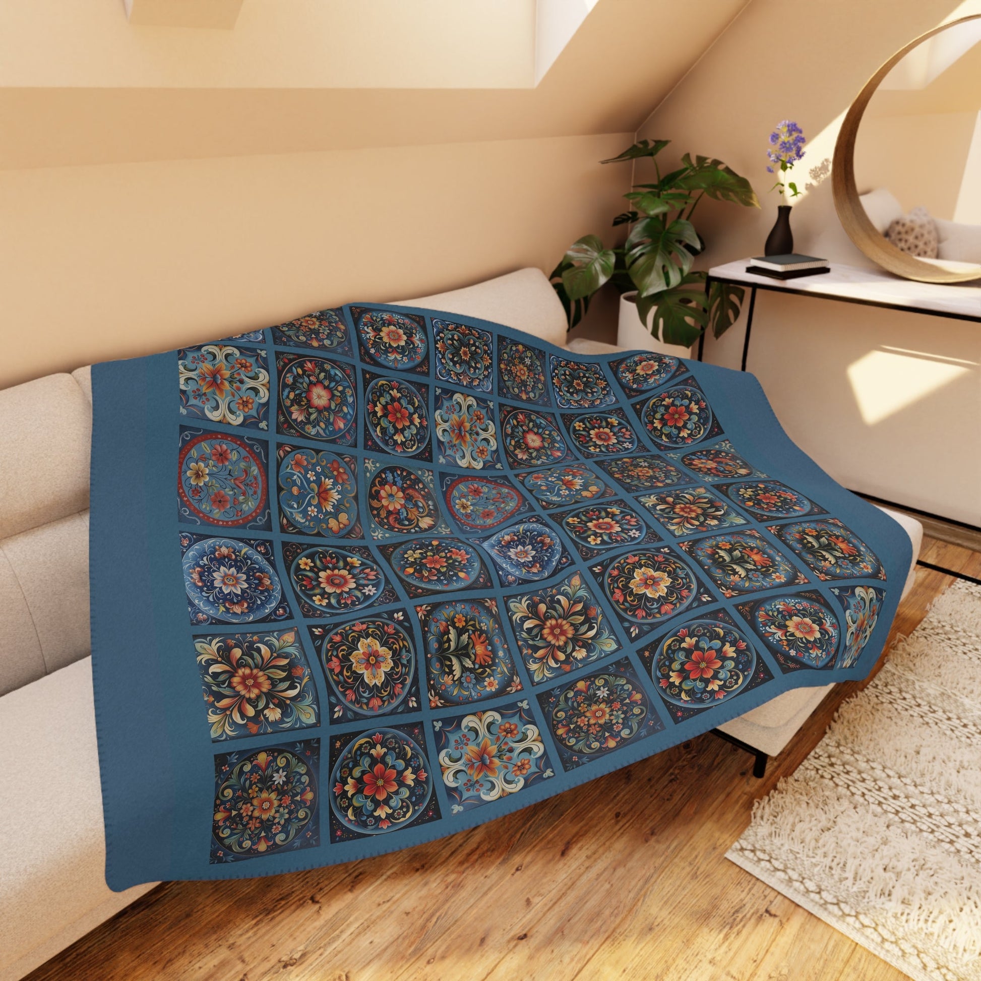 Scandi Deep Blue Folk Art Throw Blanket, Scandinavian Rosemaling Style - FlooredByArt