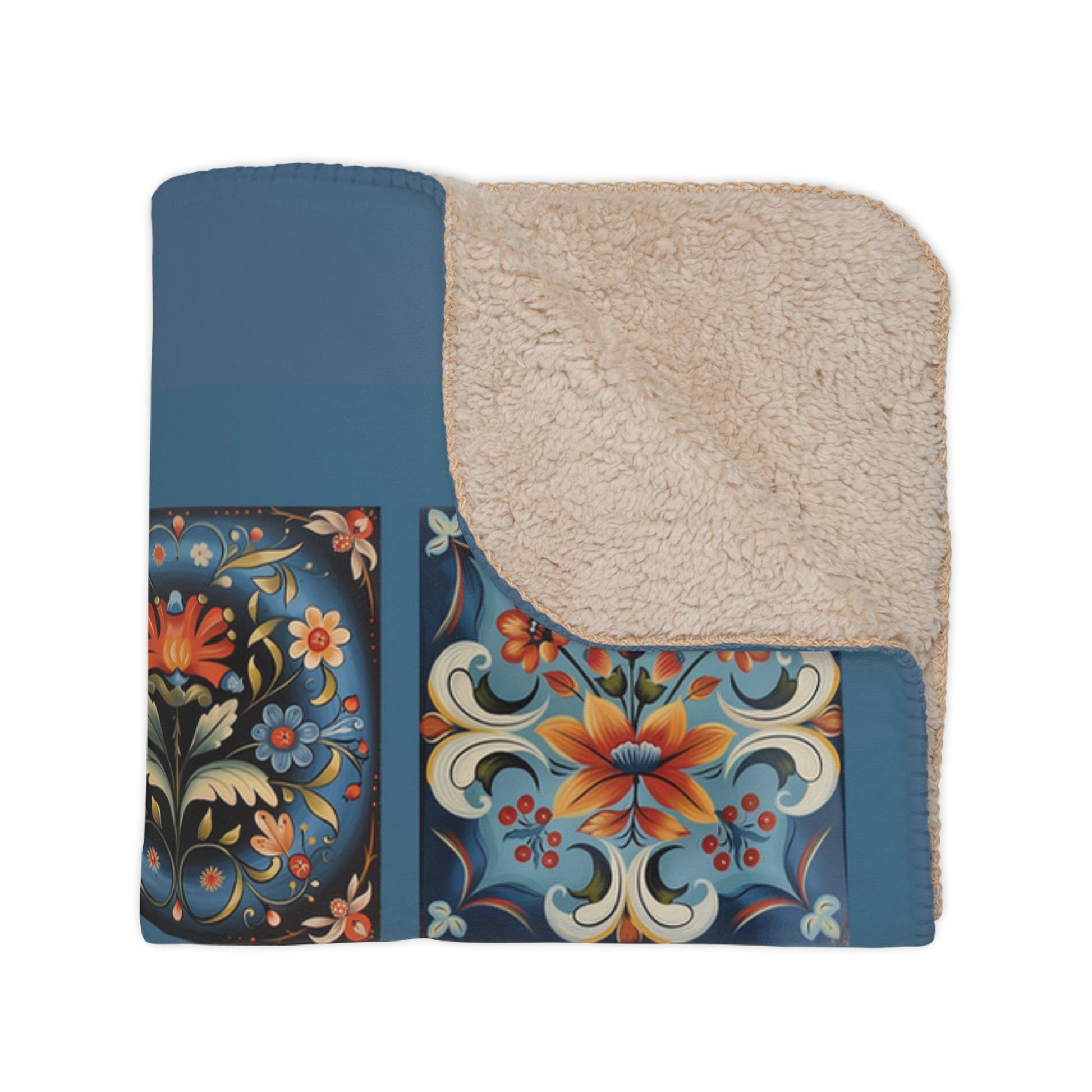 Scandi Deep Blue Folk Art Throw Blanket, Scandinavian Rosemaling Style - FlooredByArt