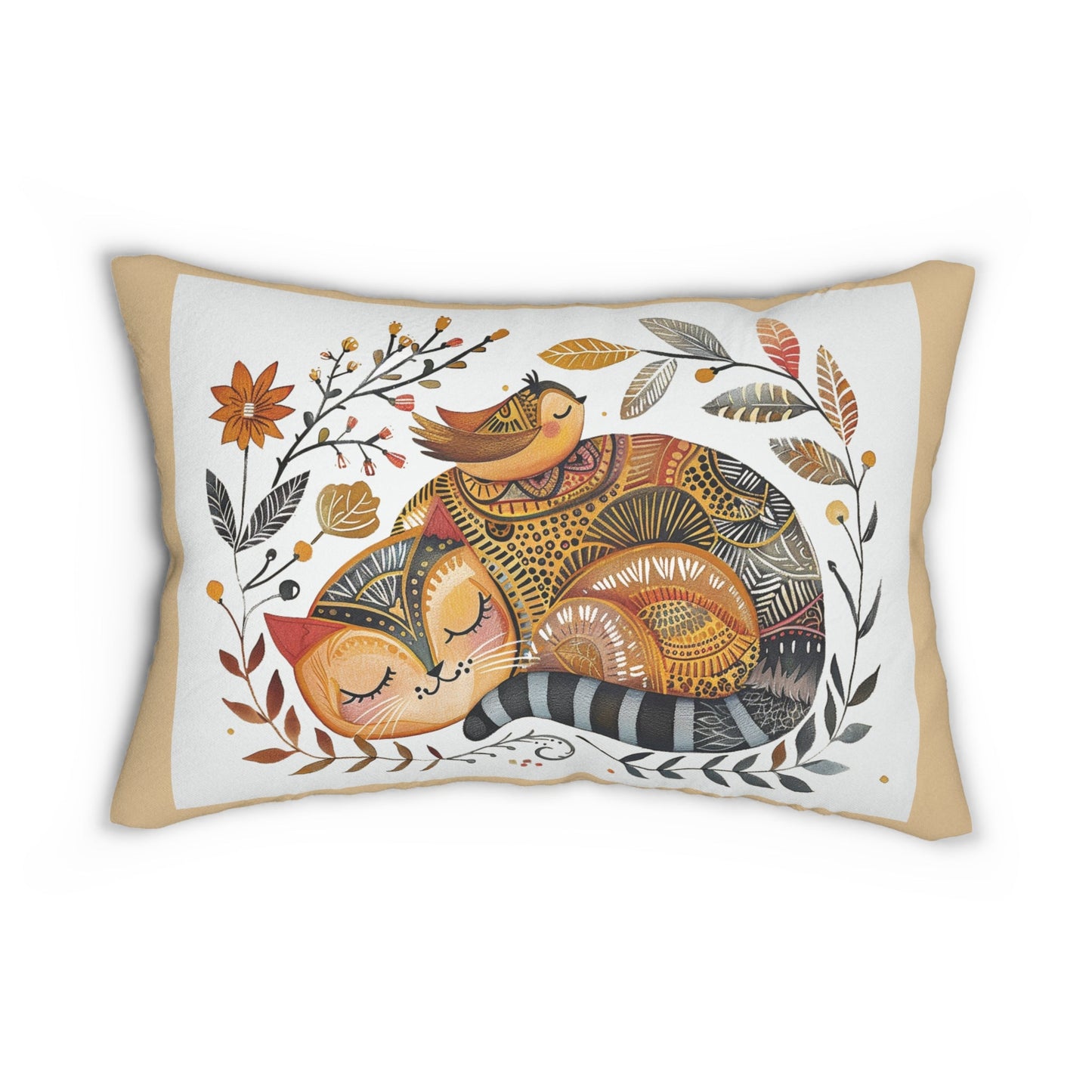 Scandi Folk Art Cat & Bird Accent Throw Pillow for Home Decor, Garden Cat - FlooredByArt