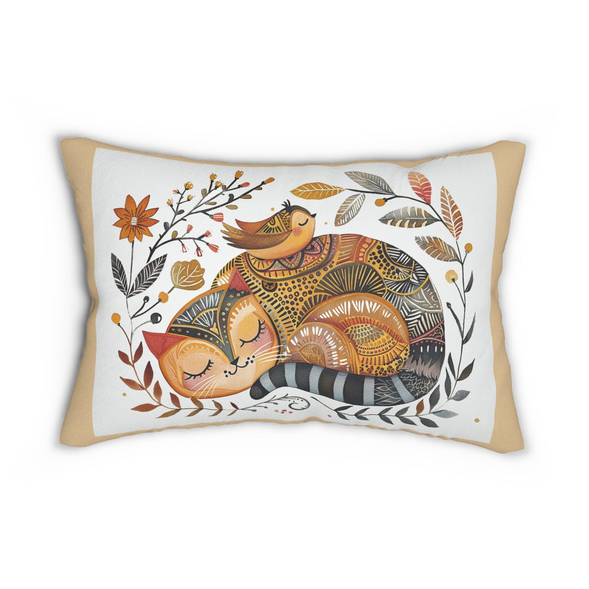 Scandi Folk Art Cat & Bird Accent Throw Pillow for Home Decor, Garden Cat - FlooredByArt