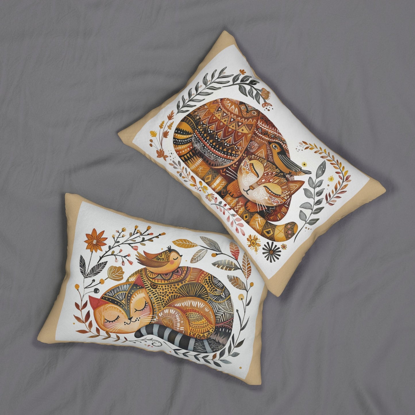 Scandi Folk Art Cat & Bird Accent Throw Pillow for Home Decor, Garden Cat - FlooredByArt