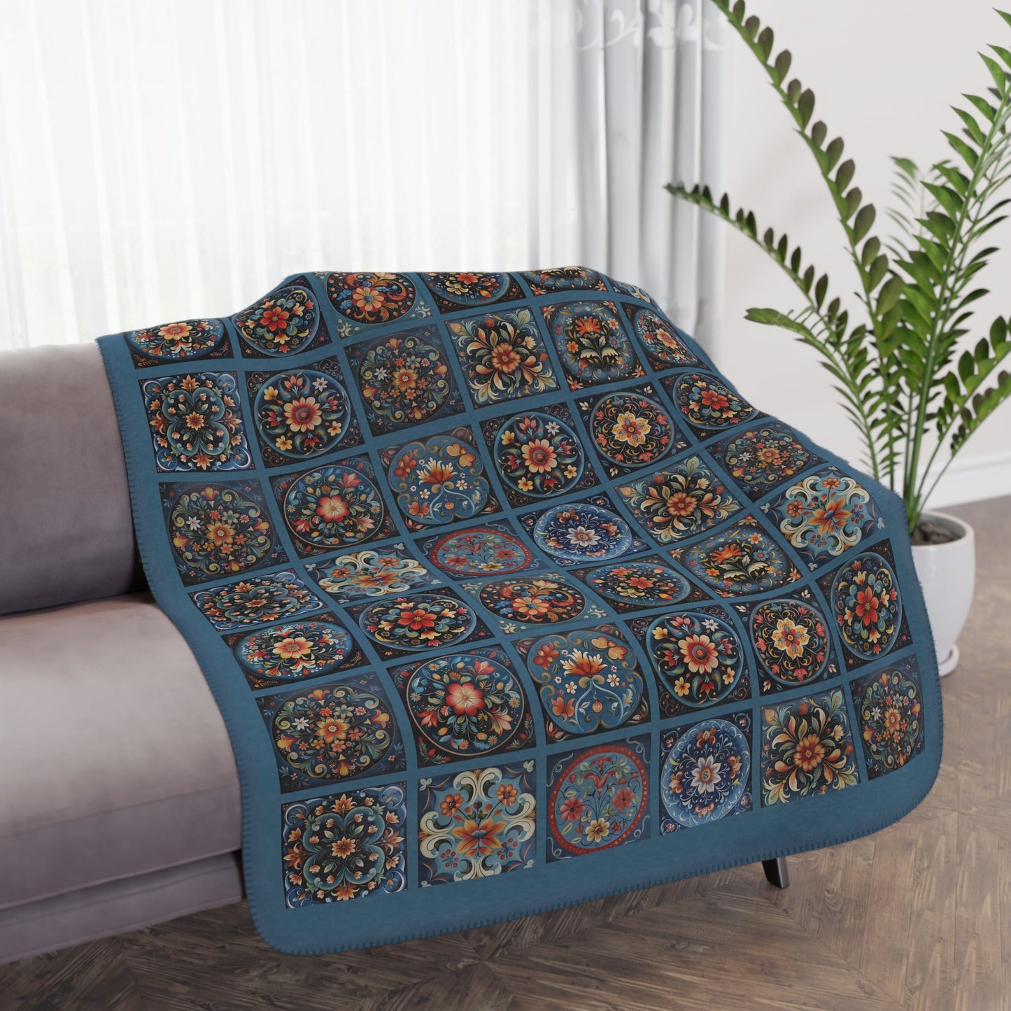 Scandi Prussian Blue Folk Art Blanket, Scandinavian Rosemaling Style Tiles - FlooredByArt