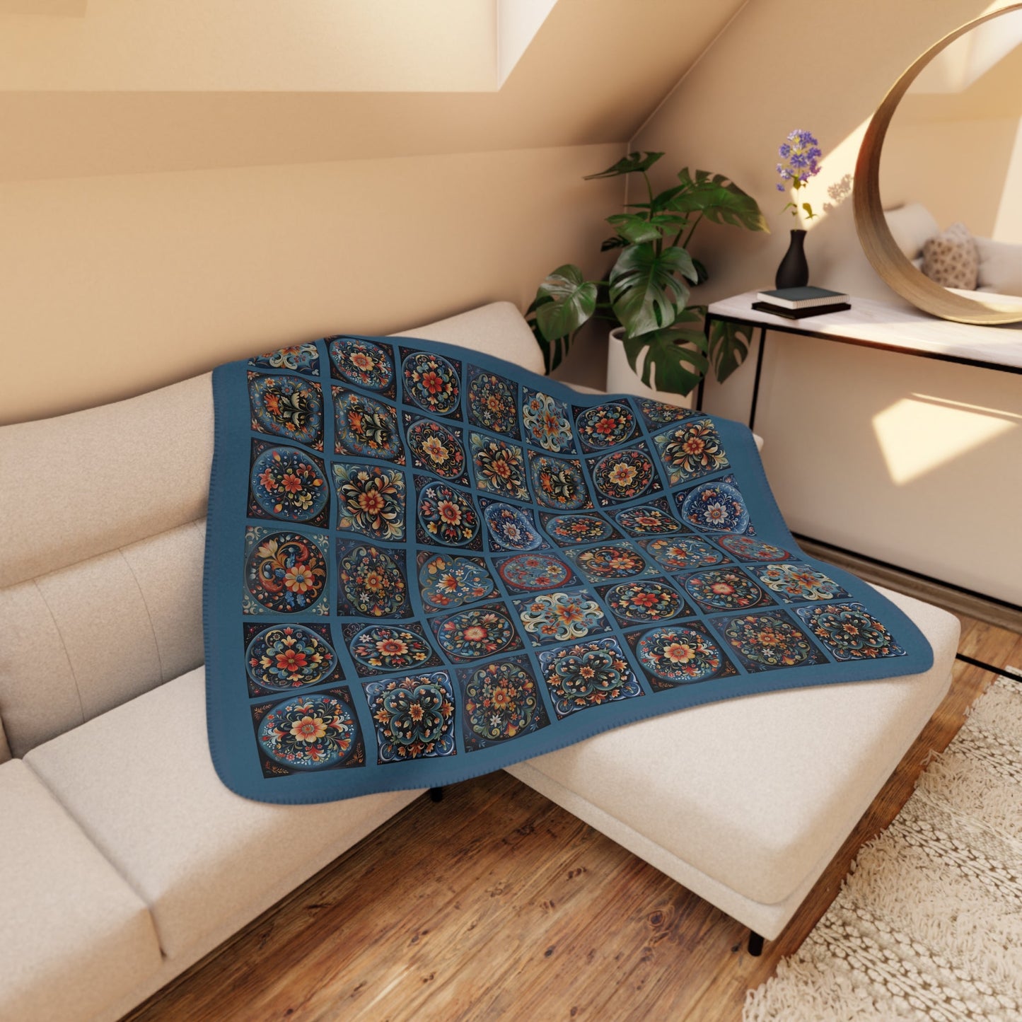 Scandi Prussian Blue Folk Art Blanket, Scandinavian Rosemaling Style Tiles - FlooredByArt