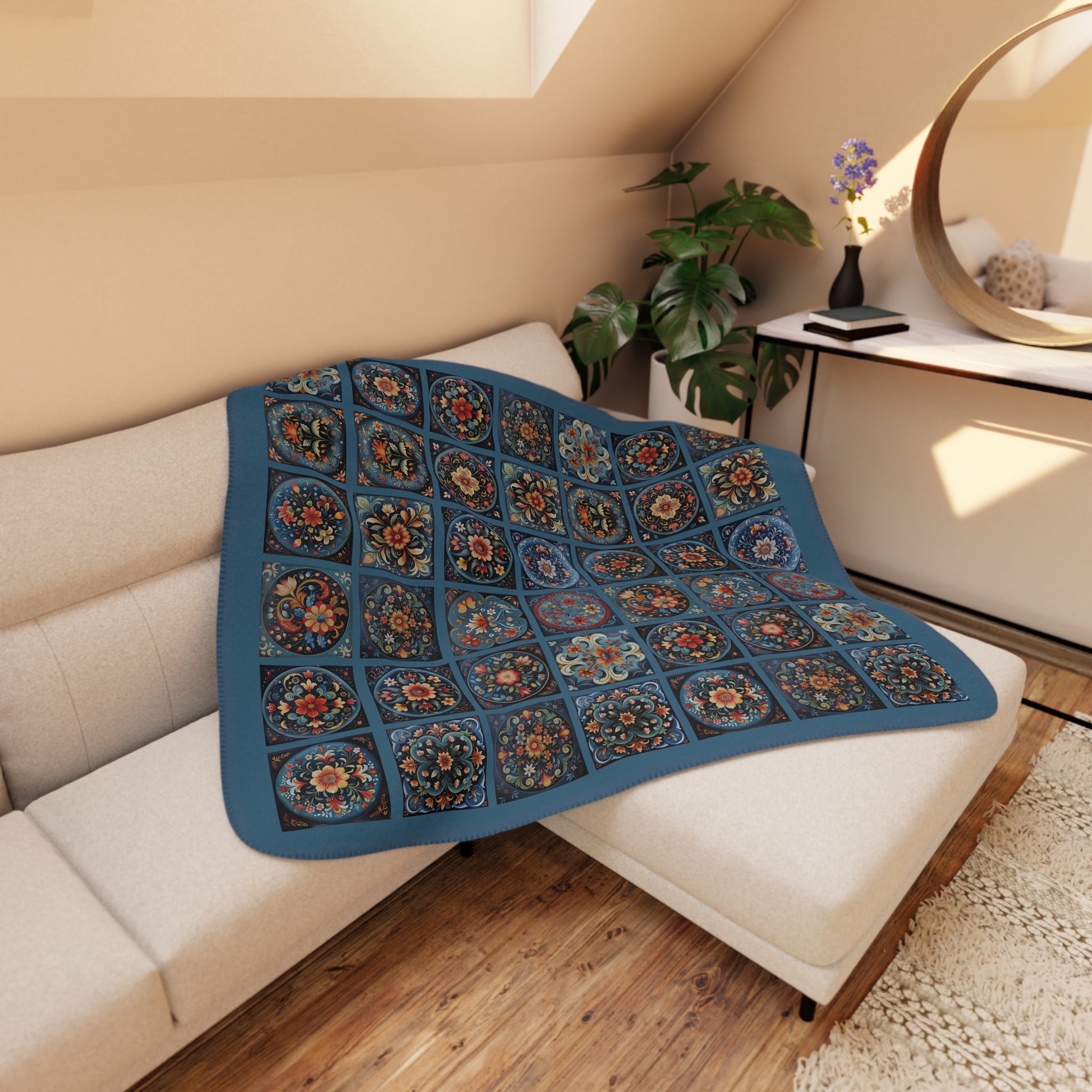 Scandi Prussian Blue Folk Art Blanket, Scandinavian Rosemaling Style Tiles - FlooredByArt
