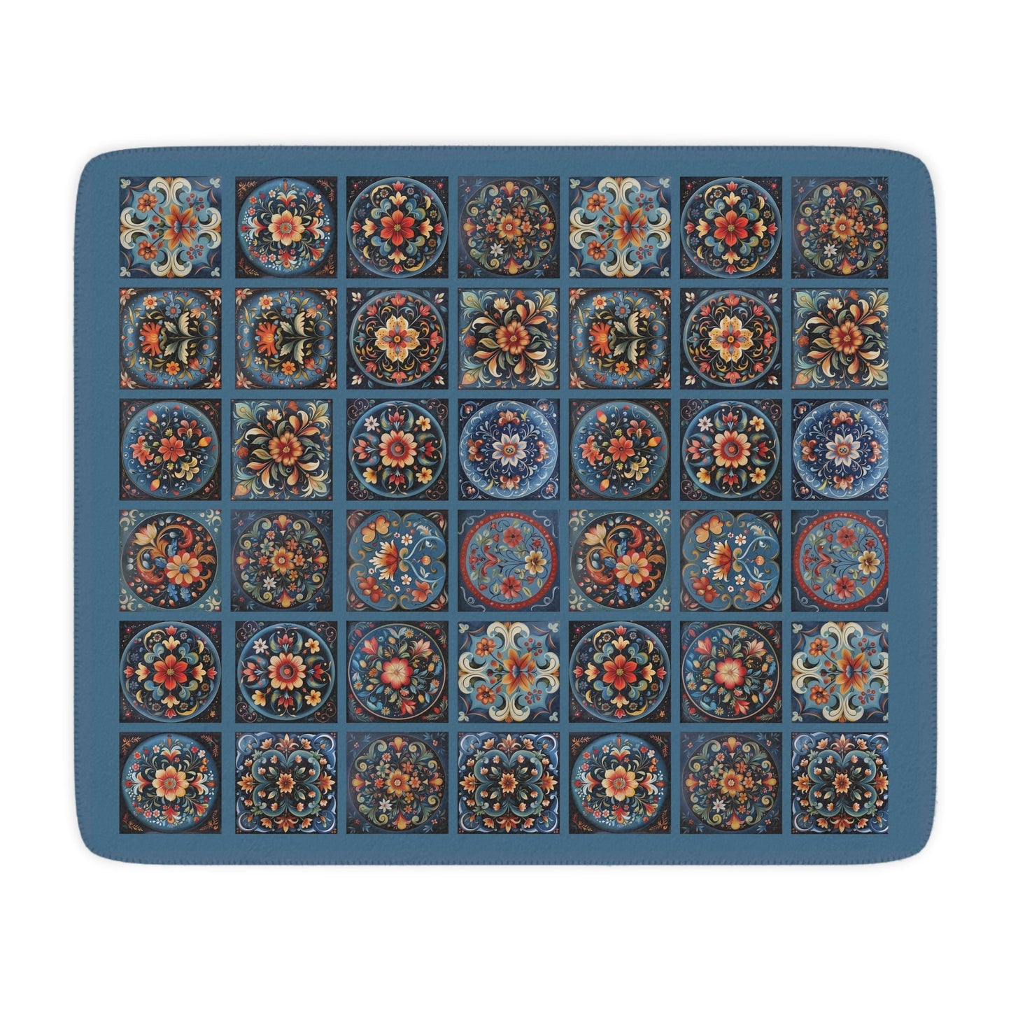 Scandi Prussian Blue Folk Art Blanket, Scandinavian Rosemaling Style Tiles - FlooredByArt