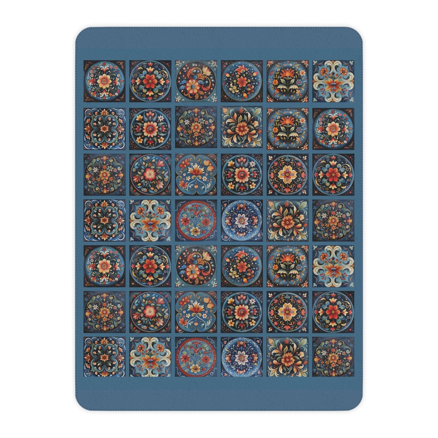 Scandi Prussian Blue Folk Art Blanket, Scandinavian Rosemaling Style Tiles - FlooredByArt