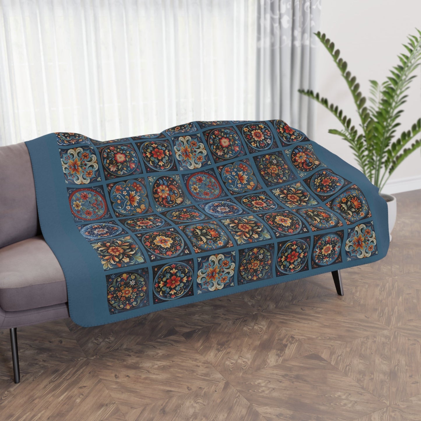 Scandi Prussian Blue Folk Art Blanket, Scandinavian Rosemaling Style Tiles - FlooredByArt