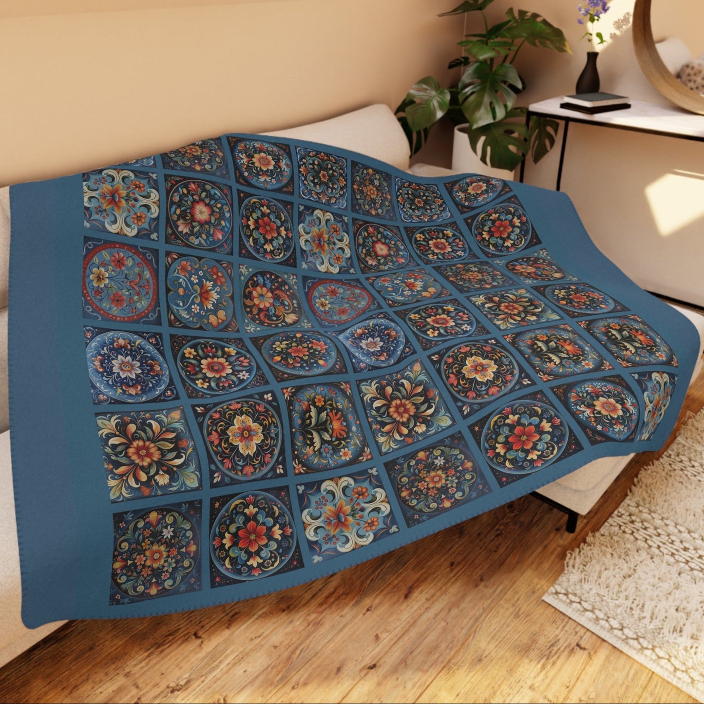 Scandi Prussian Blue Folk Art Blanket, Scandinavian Rosemaling Style Tiles - FlooredByArt