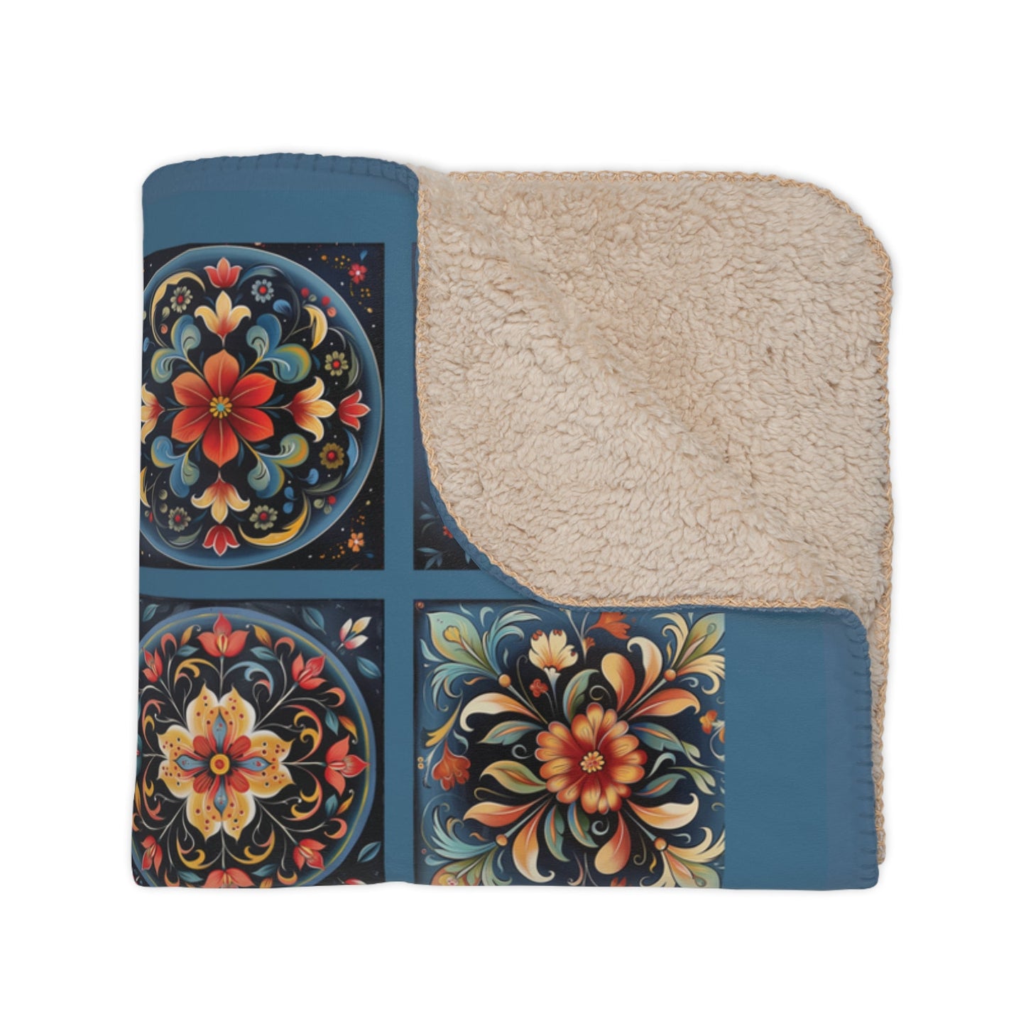 Scandi Prussian Blue Folk Art Blanket, Scandinavian Rosemaling Style Tiles - FlooredByArt