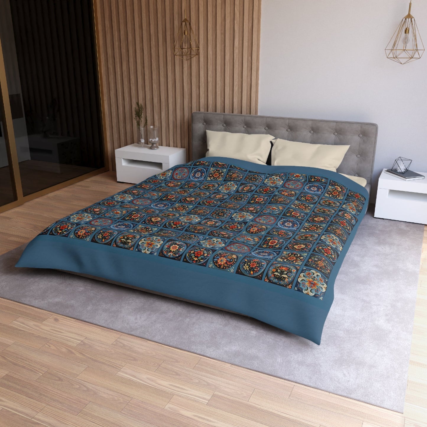 Scandi Style Duvet Bedspread - Rosemaling Deep Blue, Scandinavian Folk Art - FlooredByArt