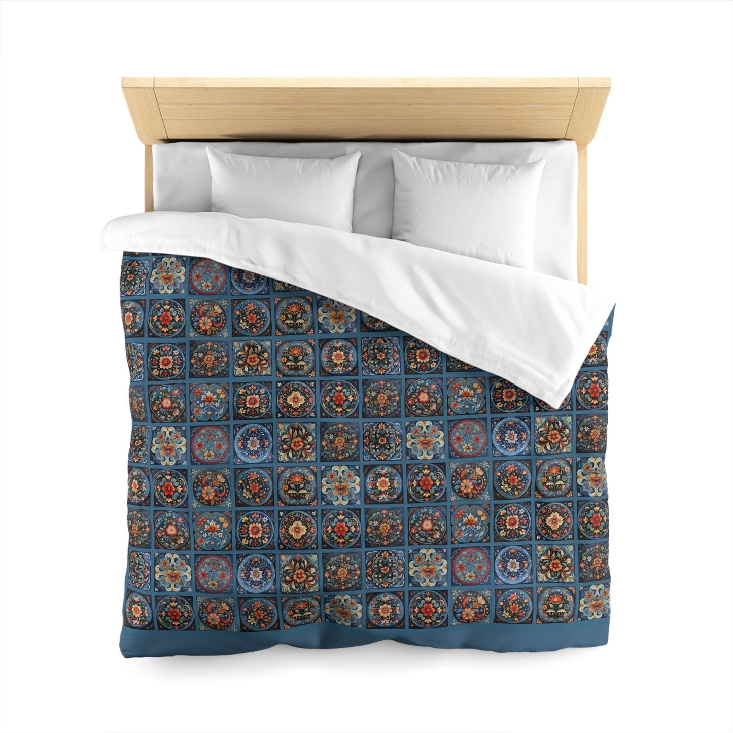 Scandi Style Duvet Bedspread - Rosemaling Deep Blue, Scandinavian Folk Art - FlooredByArt