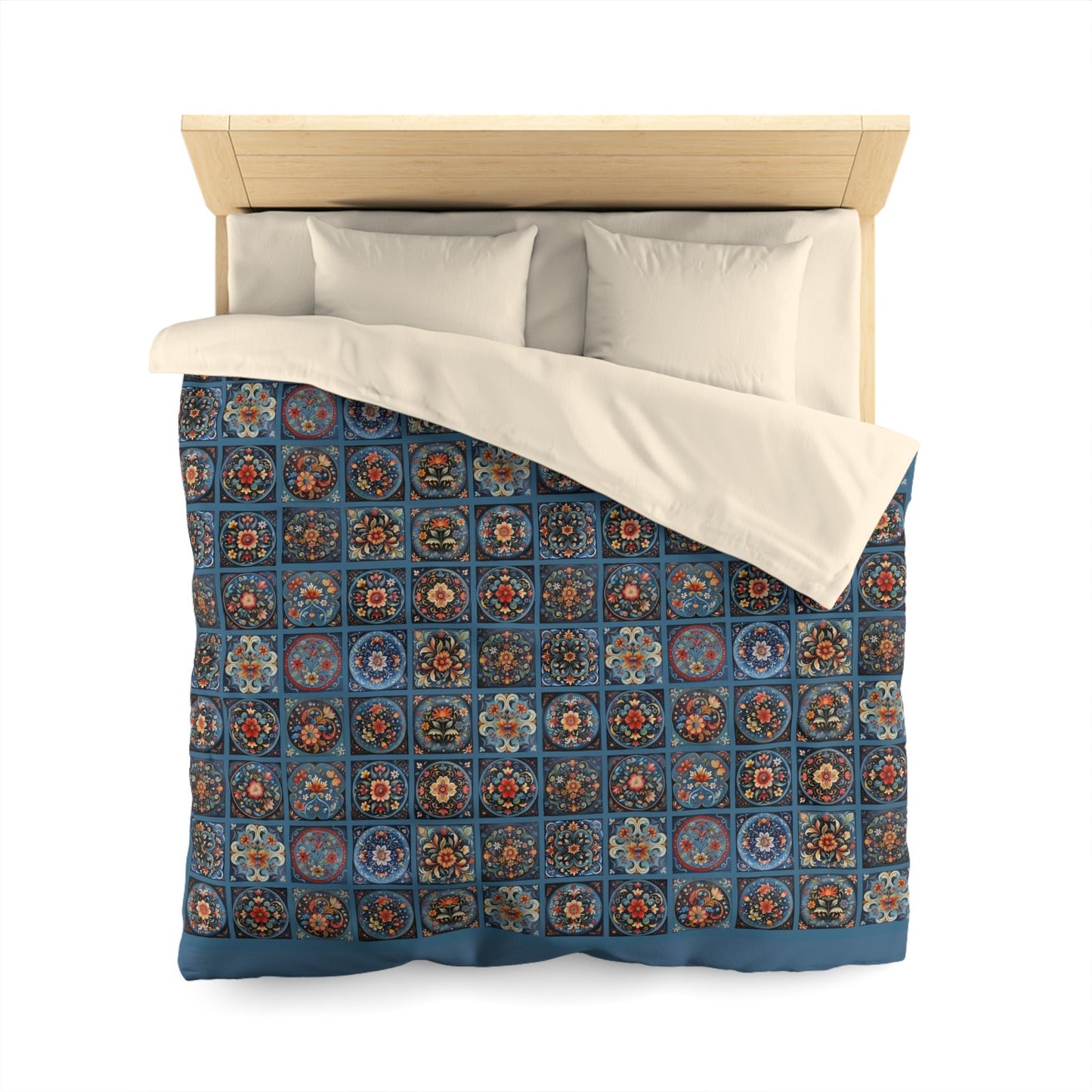 Scandi Style Duvet Bedspread - Rosemaling Deep Blue, Scandinavian Folk Art - FlooredByArt