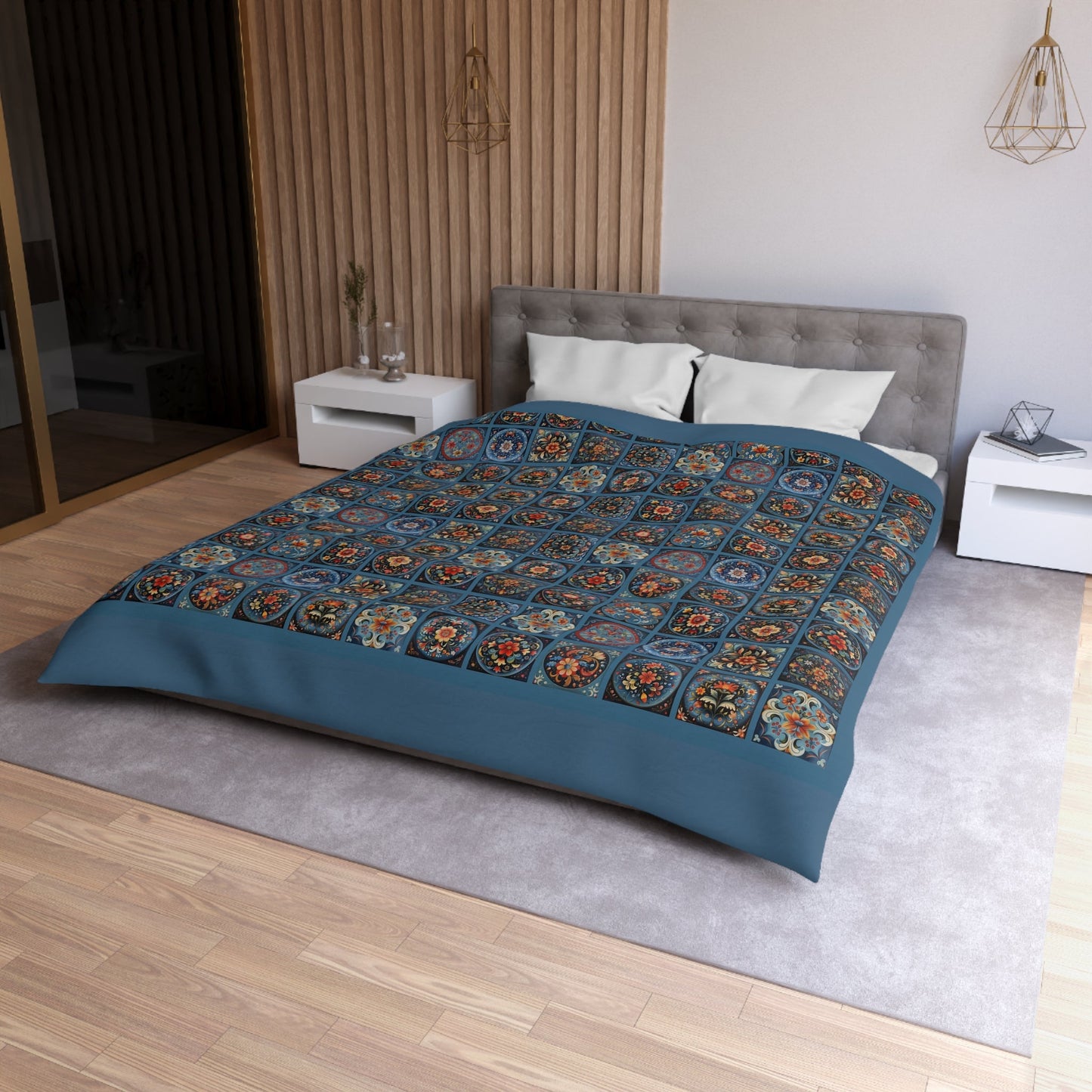 Scandi Style Duvet Bedspread - Rosemaling Deep Blue, Scandinavian Folk Art - FlooredByArt