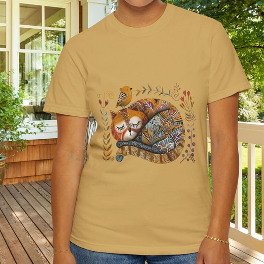 Scandinavian Folk Art Cat & Bird T-Shirt - Comfort Colors Tee, Soft Comfy Shirt for Cat Lover - FlooredByArt