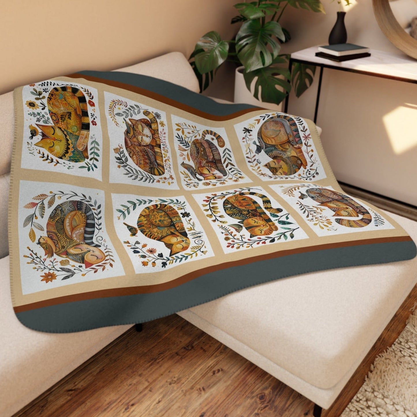 Scandinavian Folk Art Cats, Birds Throw Blanket, Cat Lover House Warming Gift - FlooredByArt