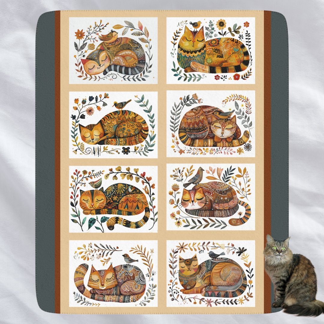 Scandinavian Folk Art Cats, Birds Throw Blanket, Cat Lover House Warming Gift - FlooredByArt