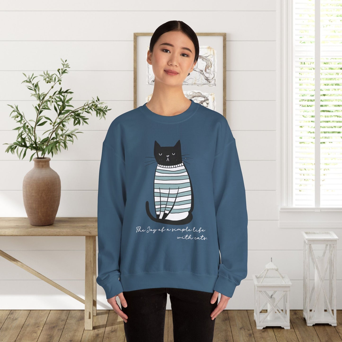Simple Life Black Cat Sweatshirt, The Joy of a Simple Life with Cats, Be Happy Shirt, Inspirational - FlooredByArt