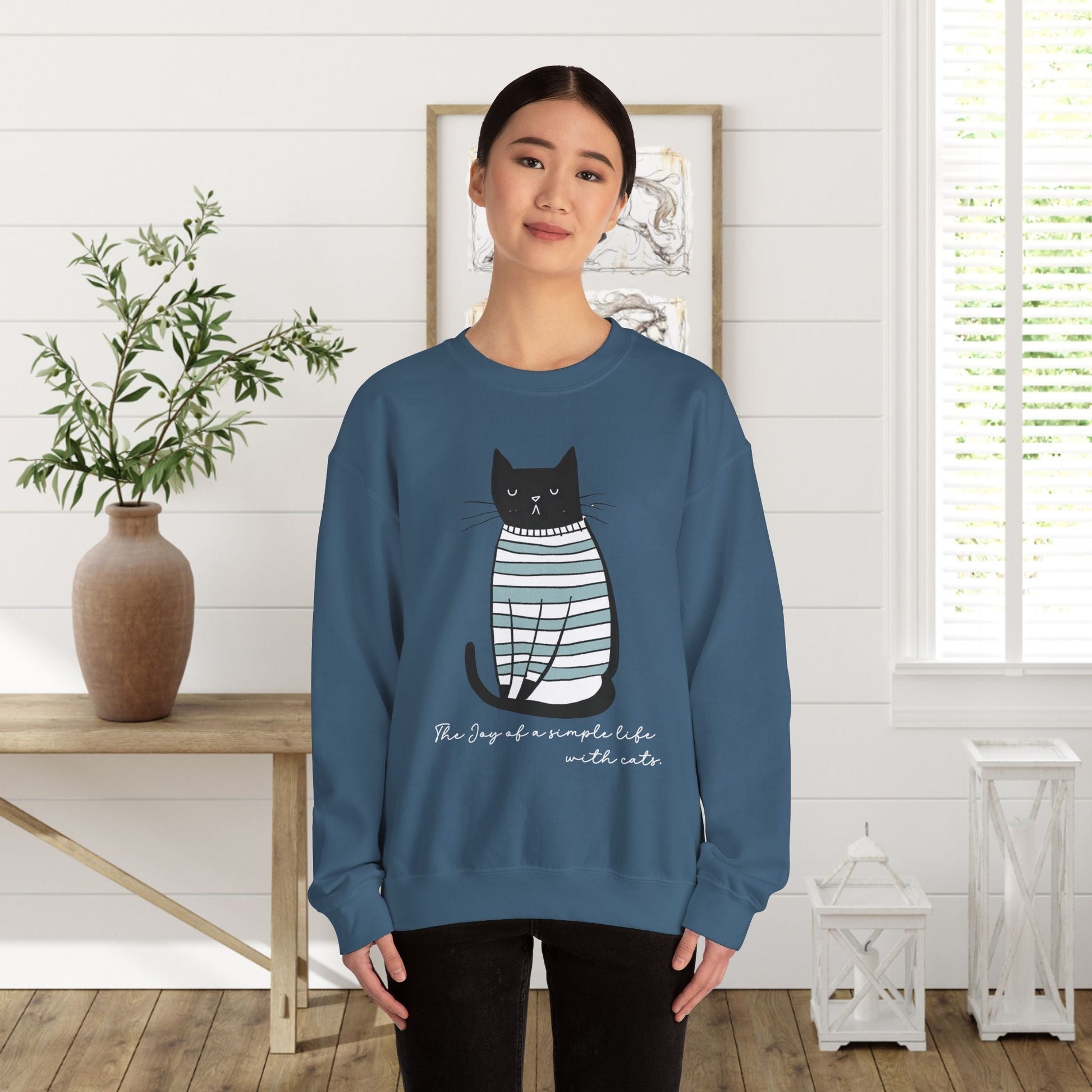 Simple Life Black Cat Sweatshirt, The Joy of a Simple Life with Cats, Be Happy Shirt, Inspirational - FlooredByArt