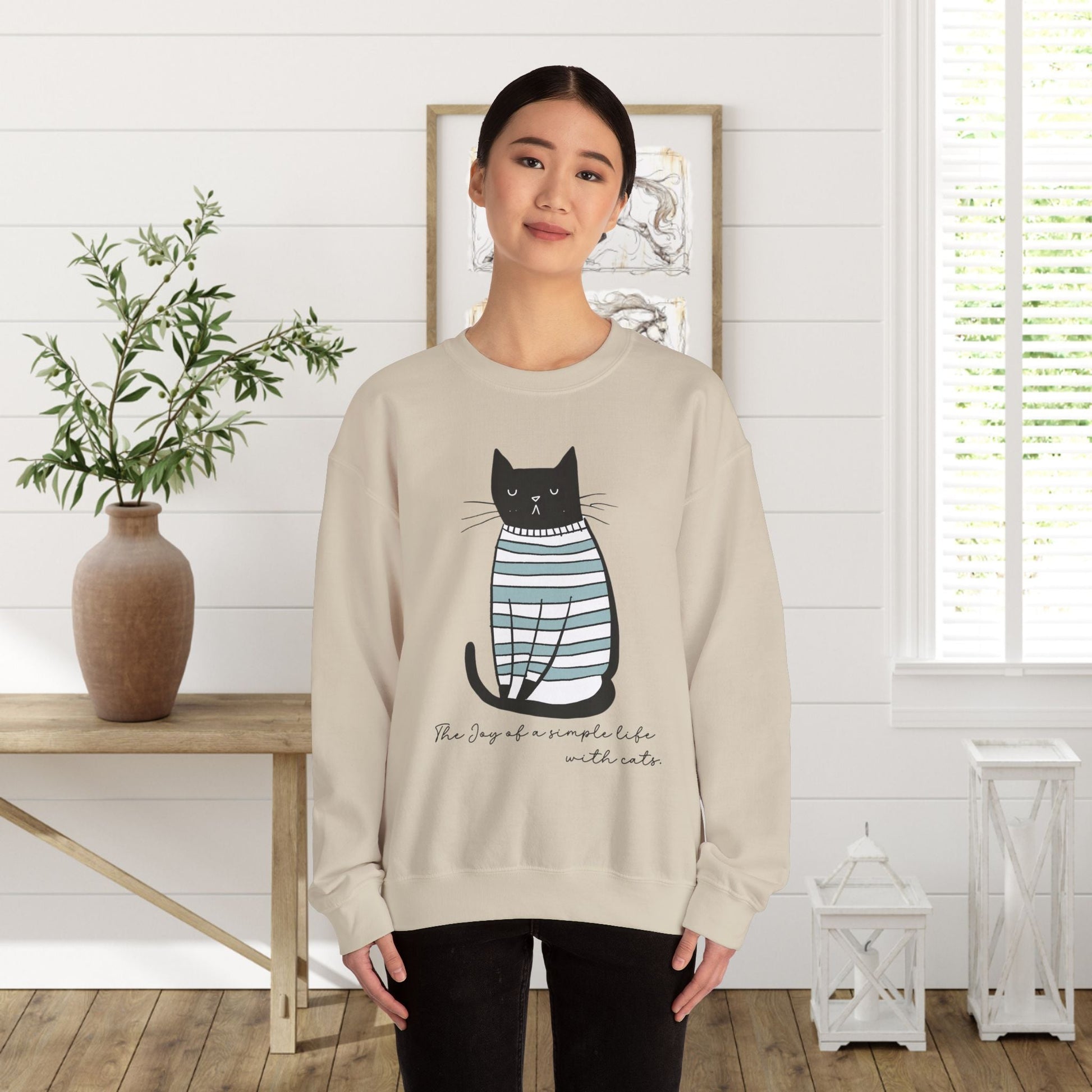 Simple Life Black Cat Sweatshirt, The Joy of a Simple Life with Cats, Be Happy Shirt, Inspirational - FlooredByArt