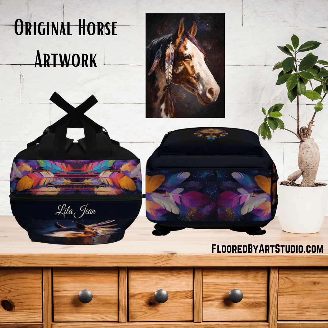 Spirit Horse Backpack, Native American Style Bookbag, Colorful Feathered Horse Bag, Horse Lover Gift - FlooredByArt