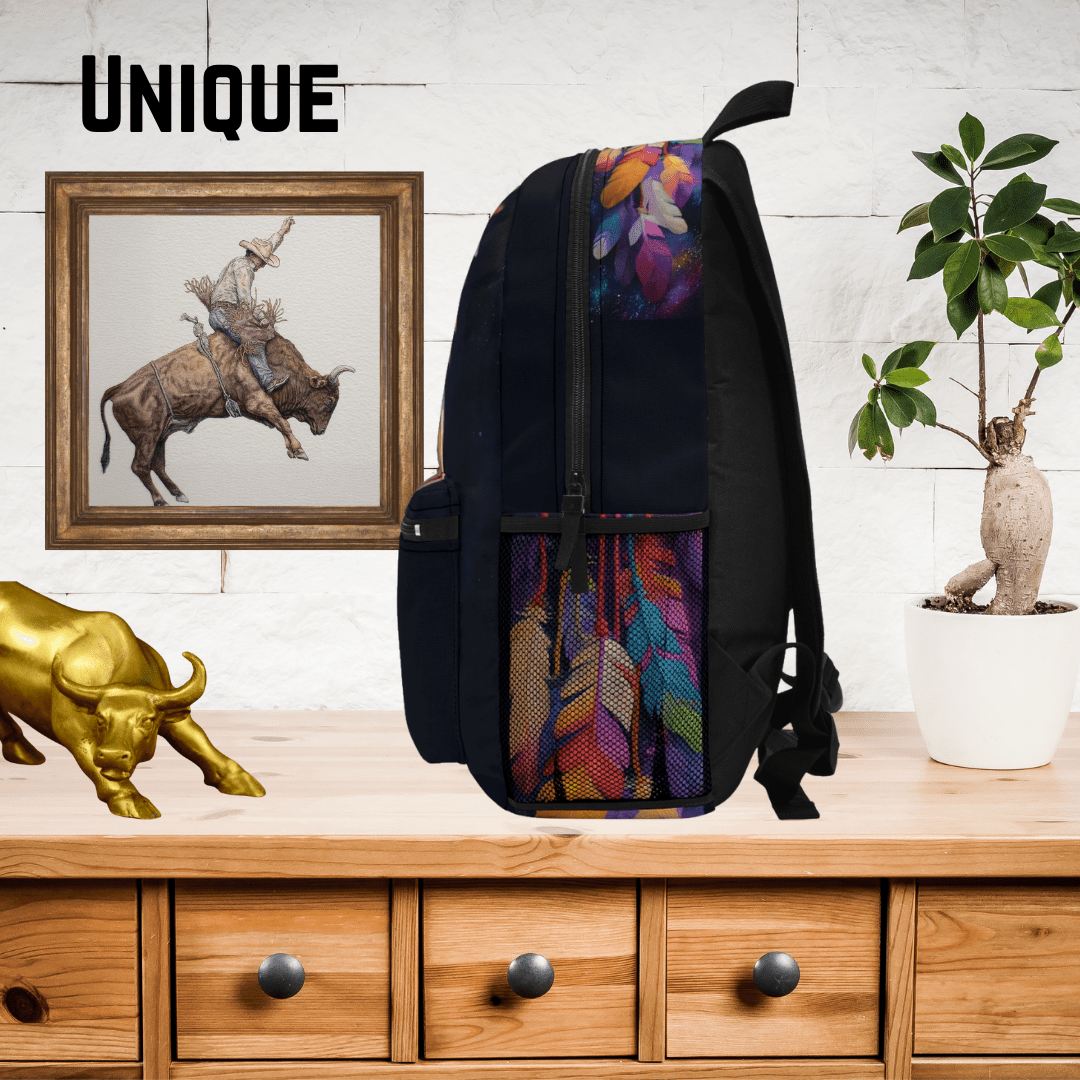 Spirit Horse Backpack, Native American Style Bookbag, Colorful Feathered Horse Bag, Horse Lover Gift - FlooredByArt